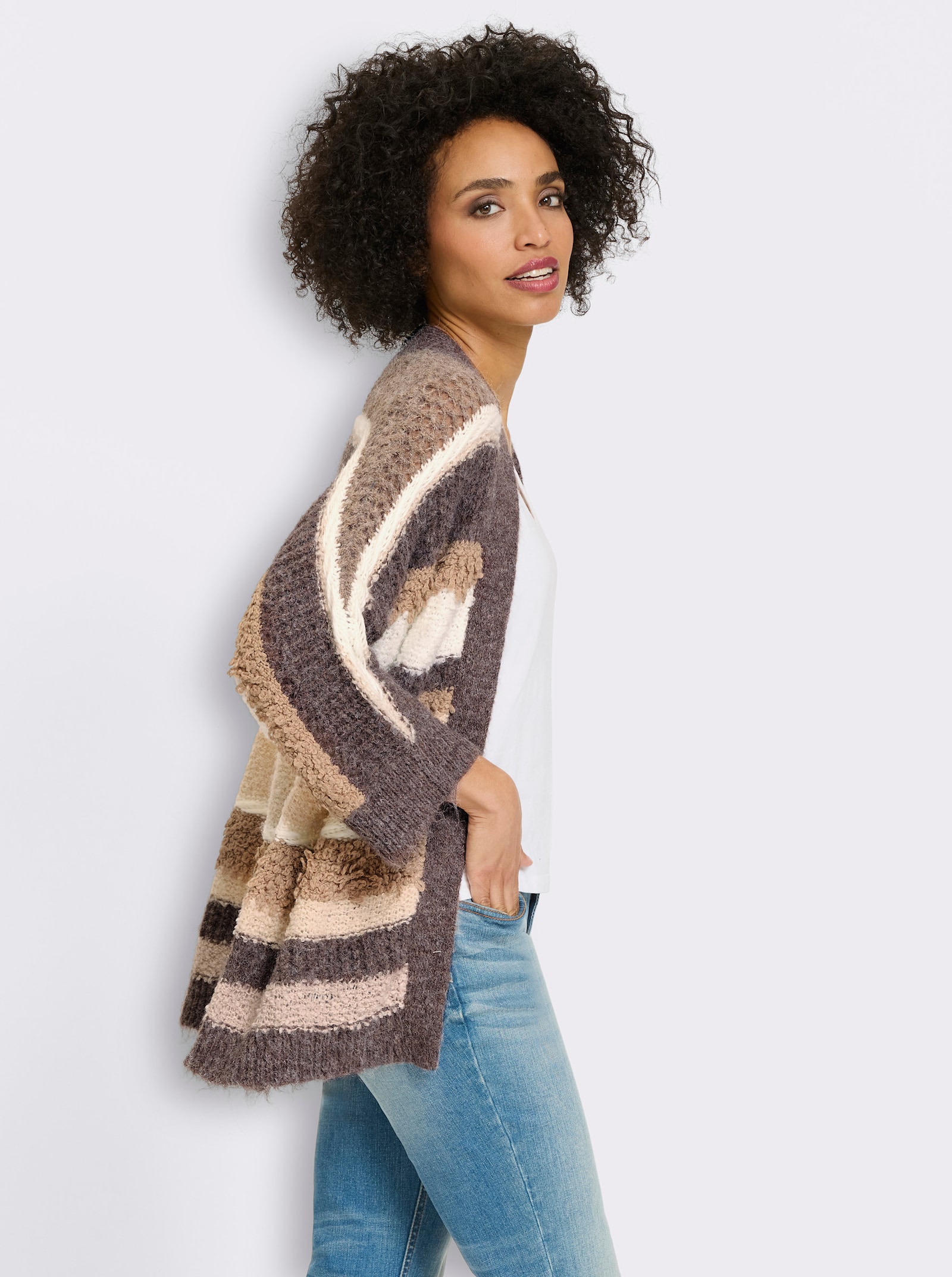 heine Cardigan van ajourtricot - donkertaupe/ecru gestreept
