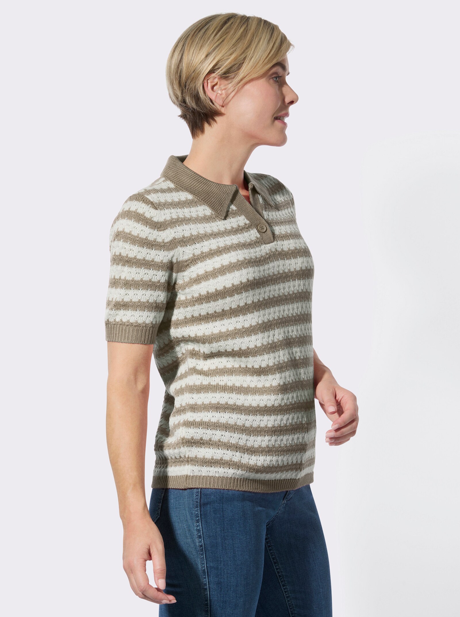 Polopullover mit Ajourmuster - schlamm-ecru-geringelt