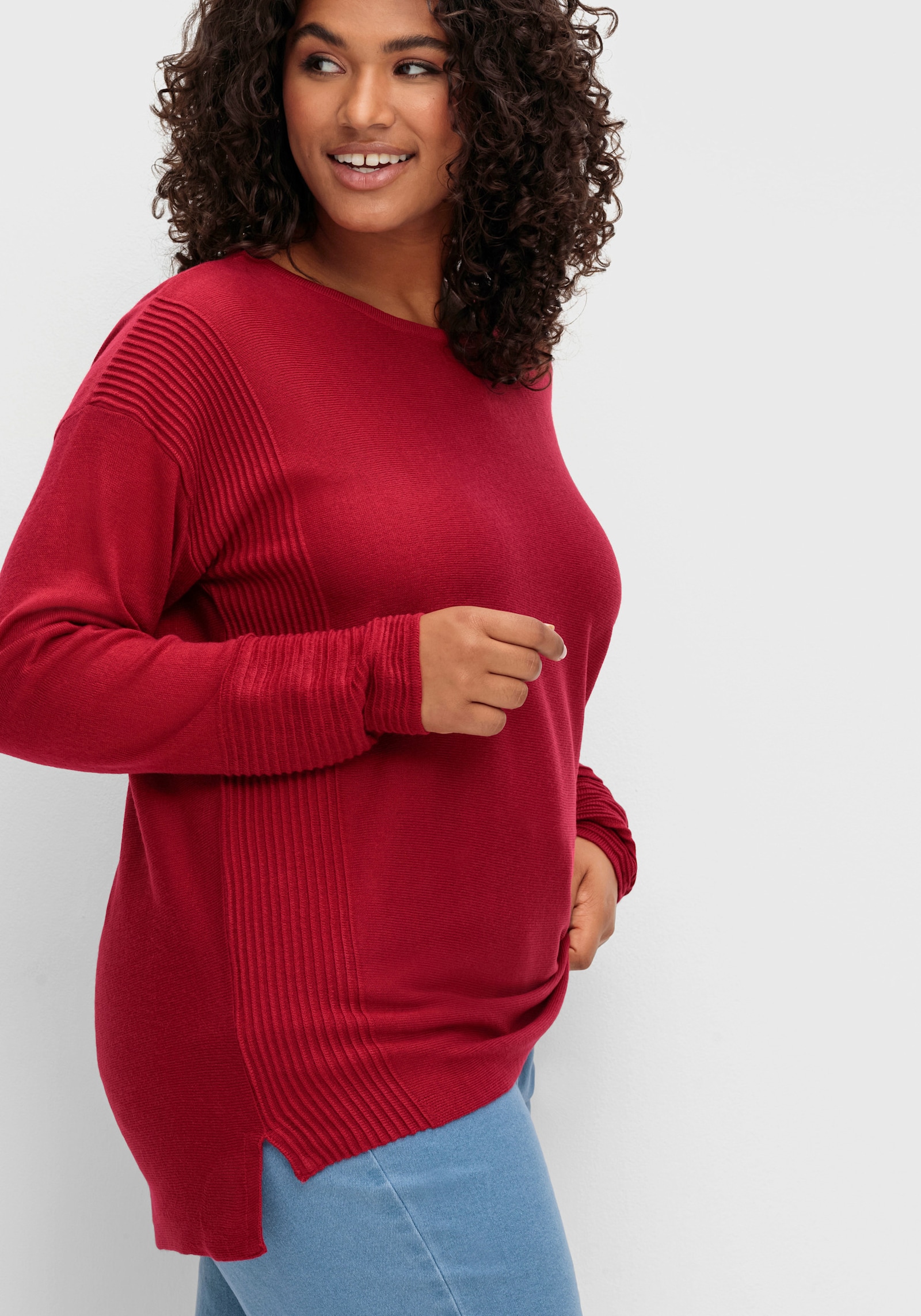 Rundhalspullover mit Ripp-Details - rot