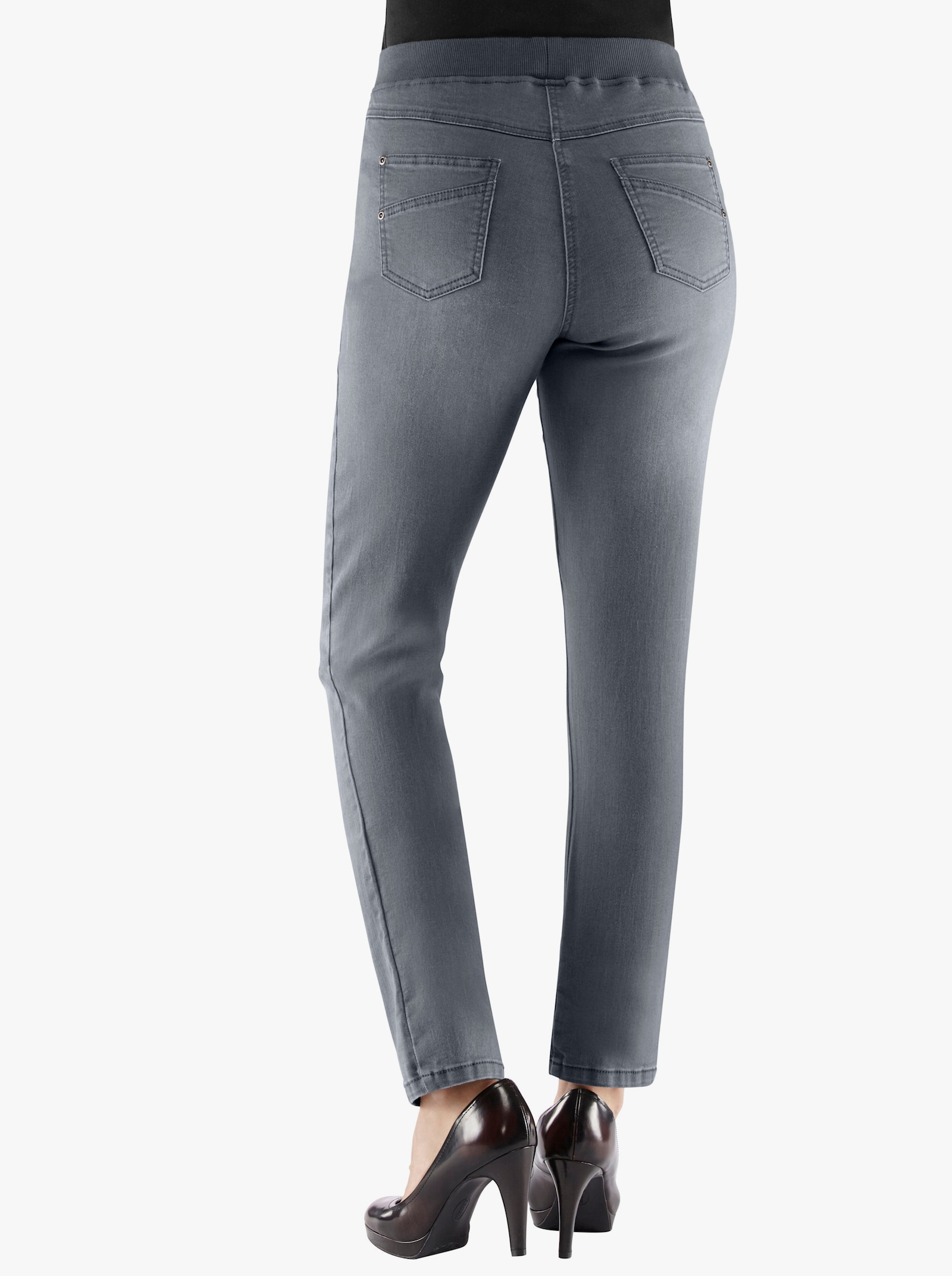Schlupfjeans mit geripptem Strick-Dehnbund - grey-denim