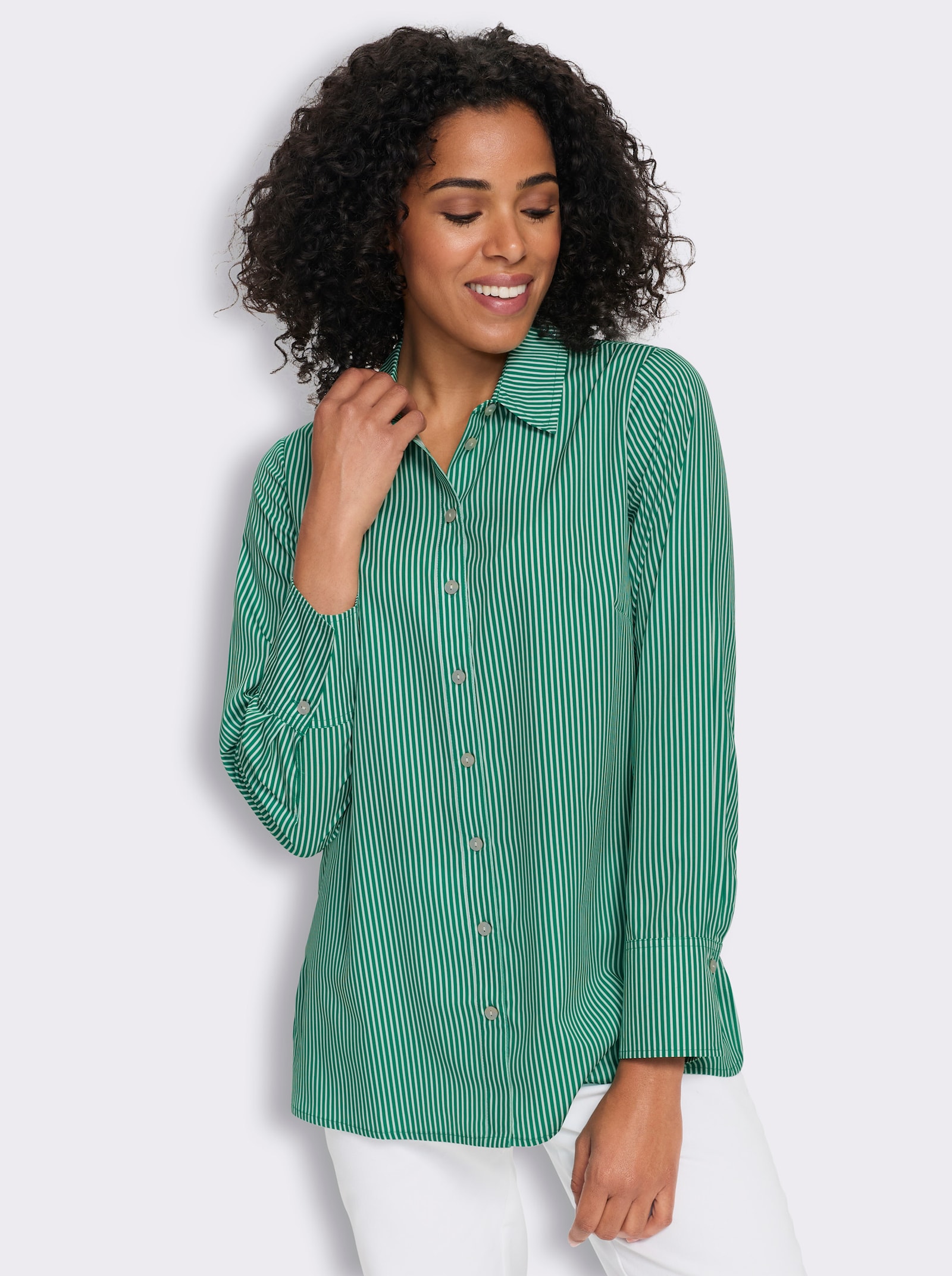 Longbluse mit Längsstreifen, pflegeleicht - grün-ecru-gestreift