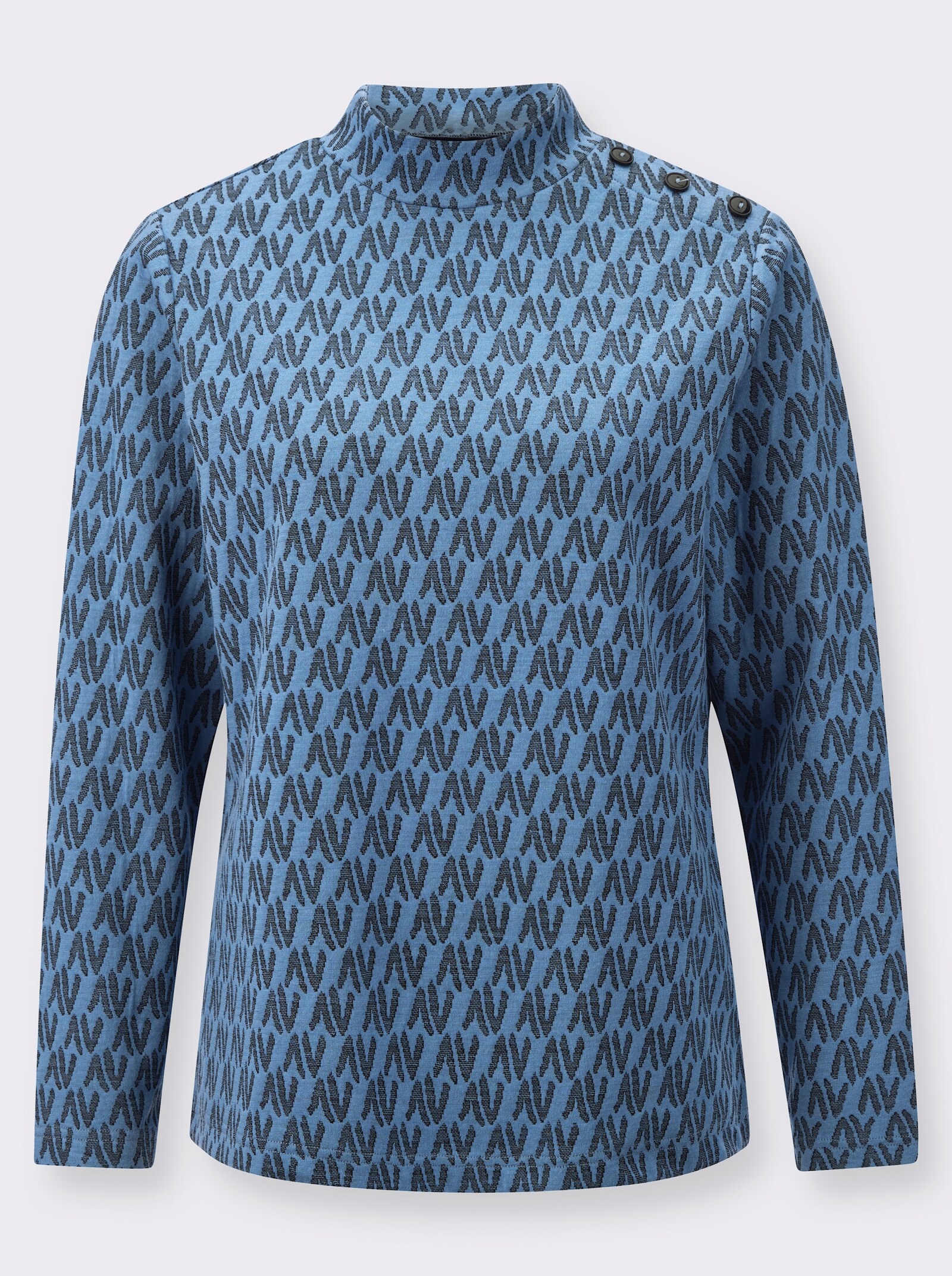 Stehkragenshirt mit Zierknöpfen auf der Schulter - mittelblau-schwarz-gemustert