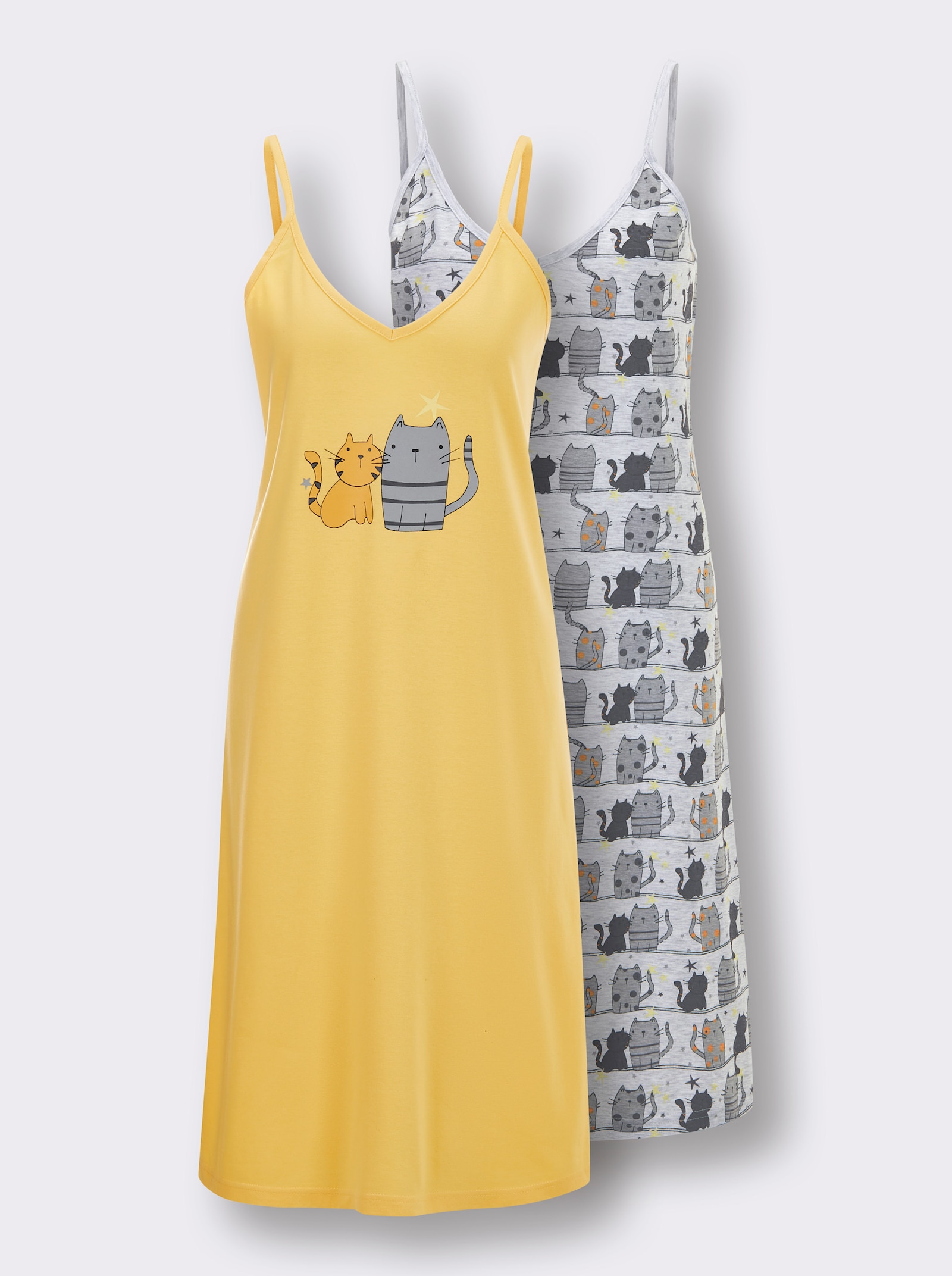 wäschepur Nachthemden met kattenprint - lichtgrijs bedrukt + geel bedrukt