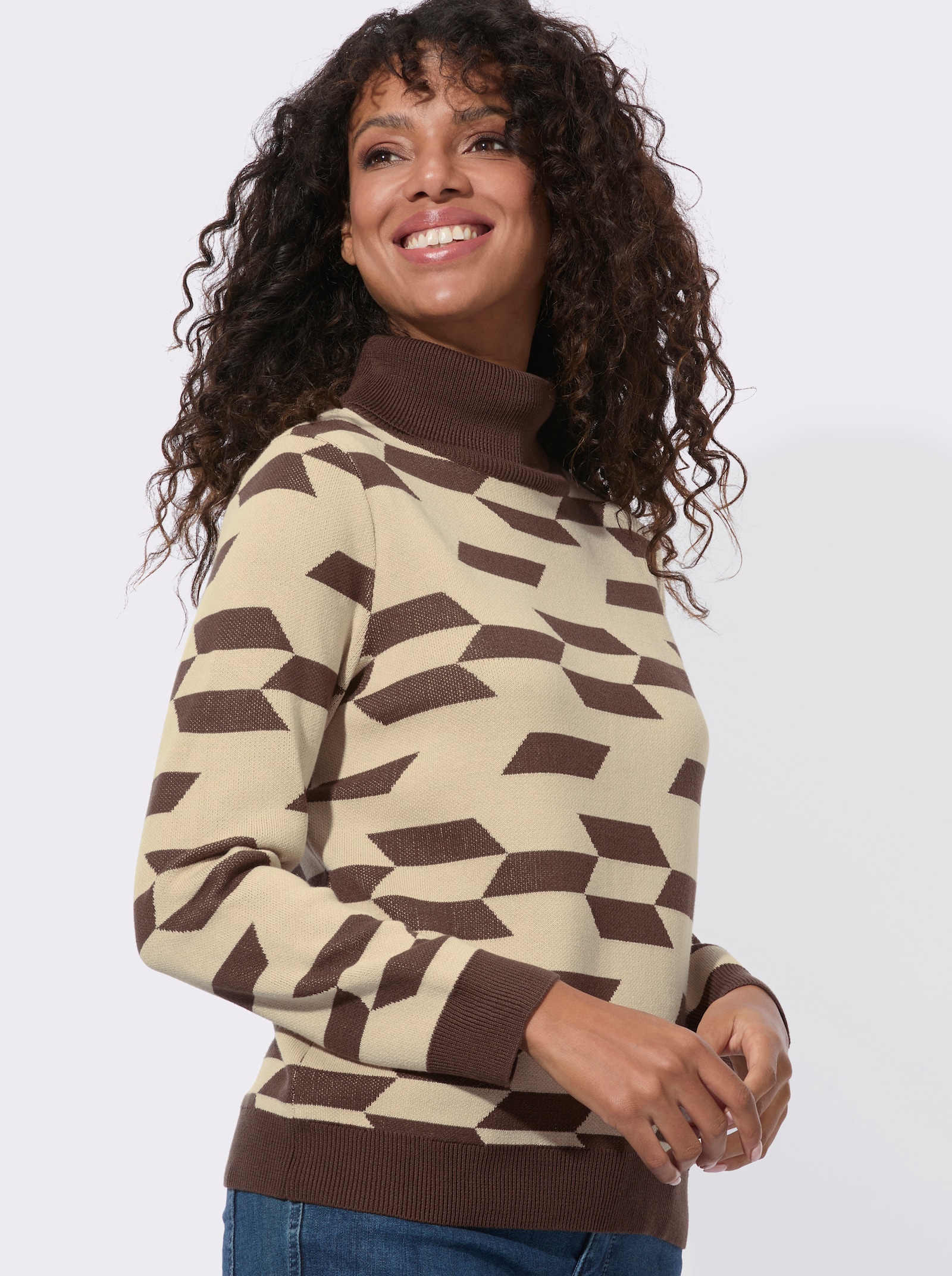  Rollkragenpullover mit gerippten Abschlüssen - schoko-sand-gemustert