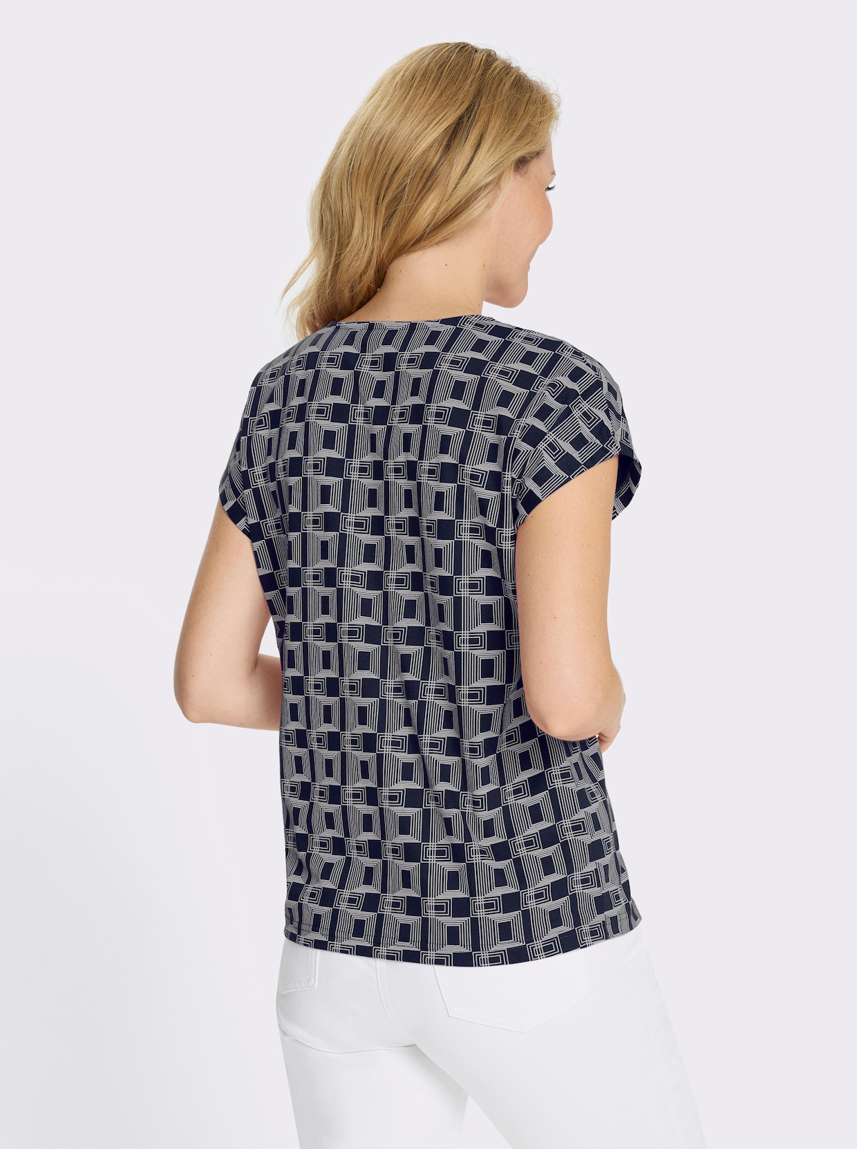 Kurzarmshirt mit grafischem Muster - marine-ecru-bedruckt