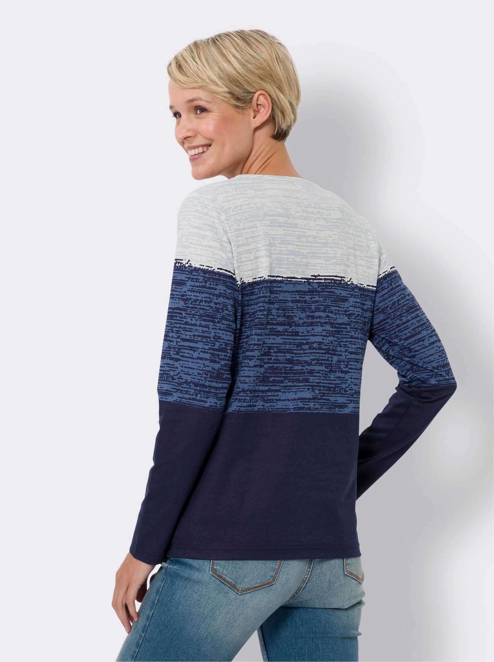 Langarmshirt mit Zierknöpfen - eisblau-marine-bedruckt