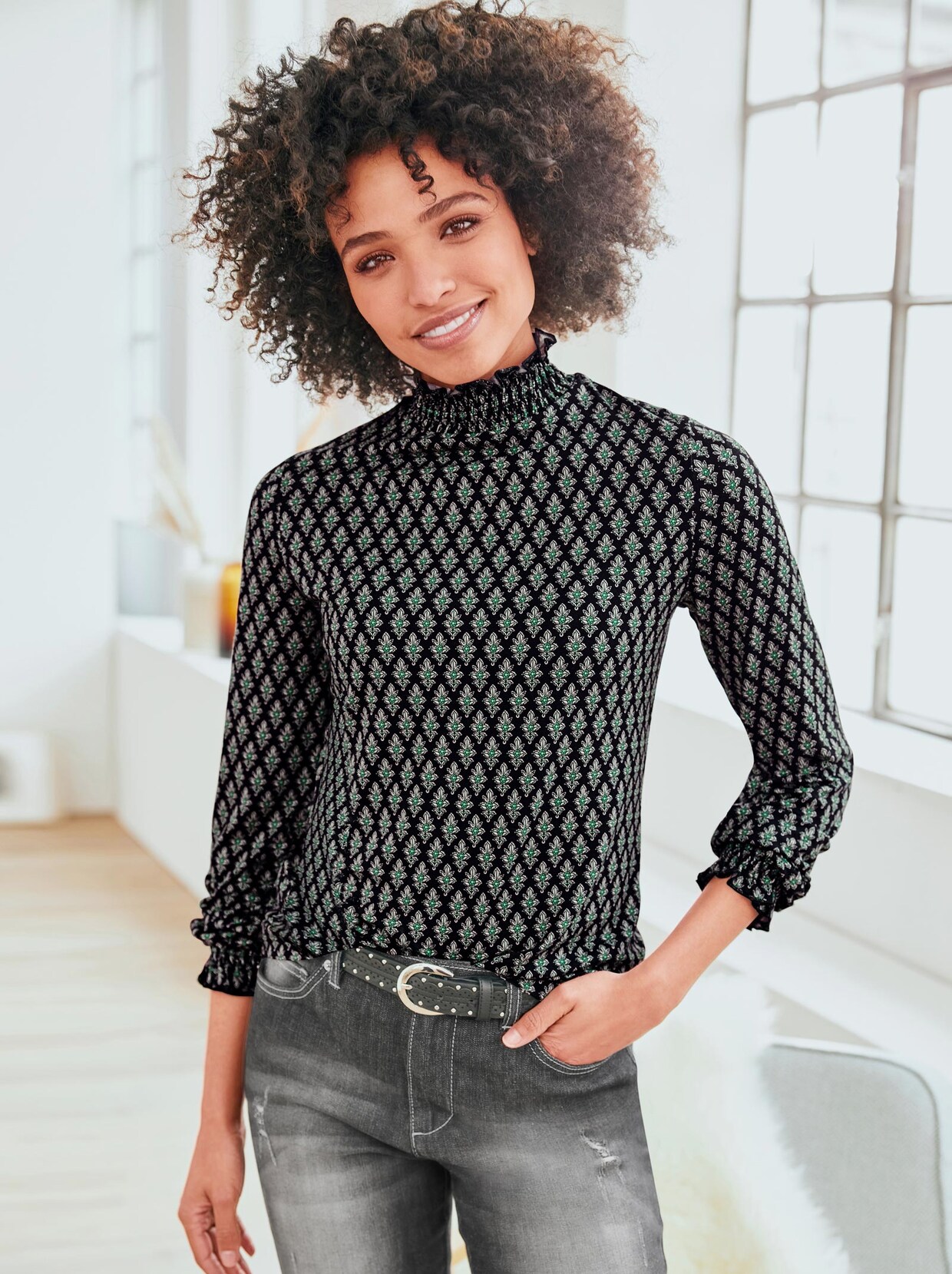 Linea Tesini Druck-Shirt - schwarz-grün-bedruckt