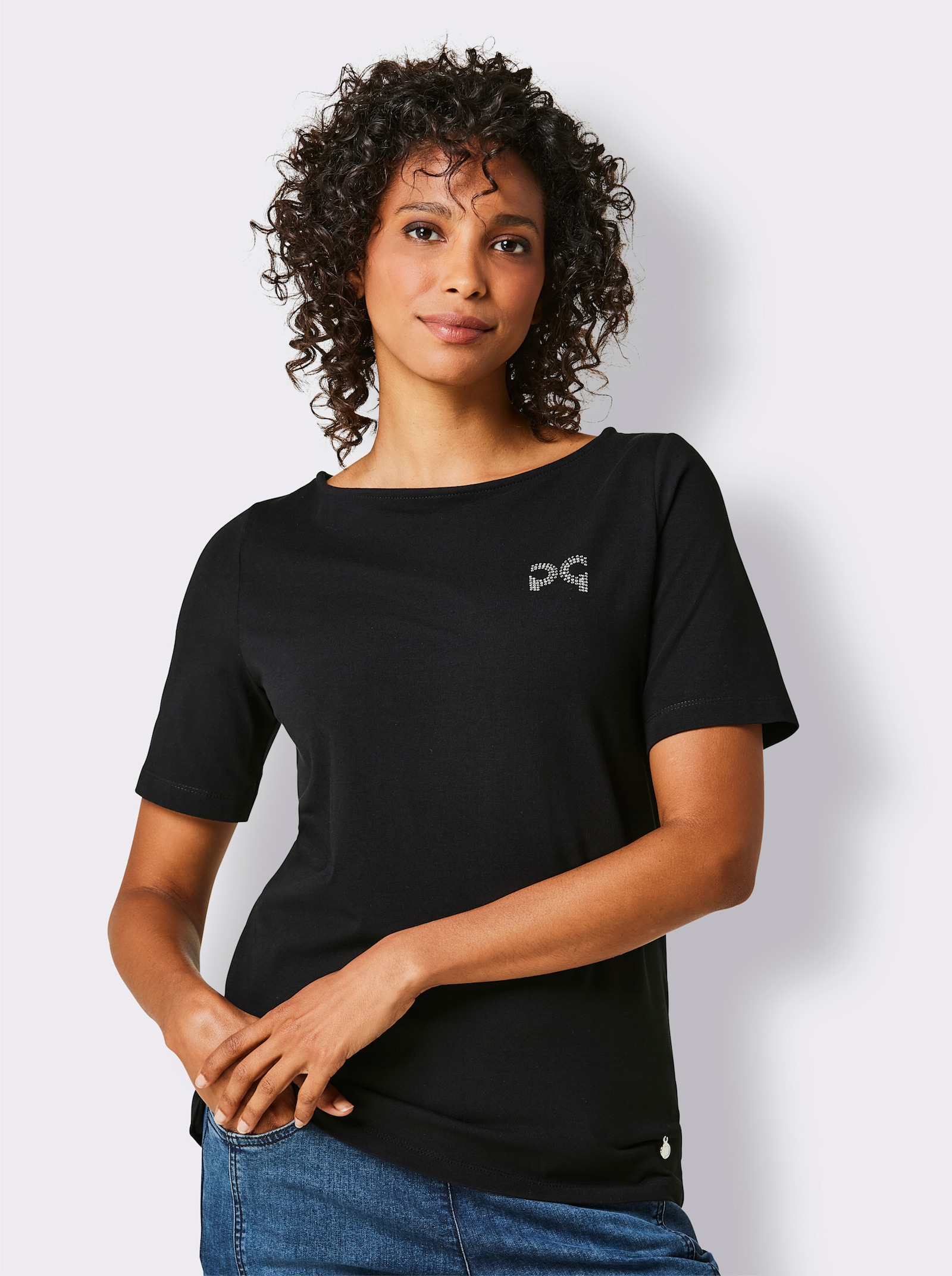 CREATION L PREMIUM Rundhalsshirt mit Glitzer-Applikation - schwarz