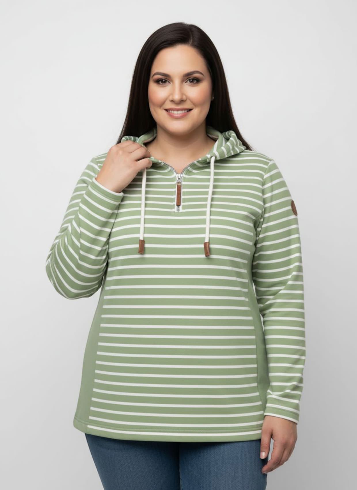 Kapuzensweatshirt mit 2 Nahttaschen - eucalyptus-ecru-geringelt