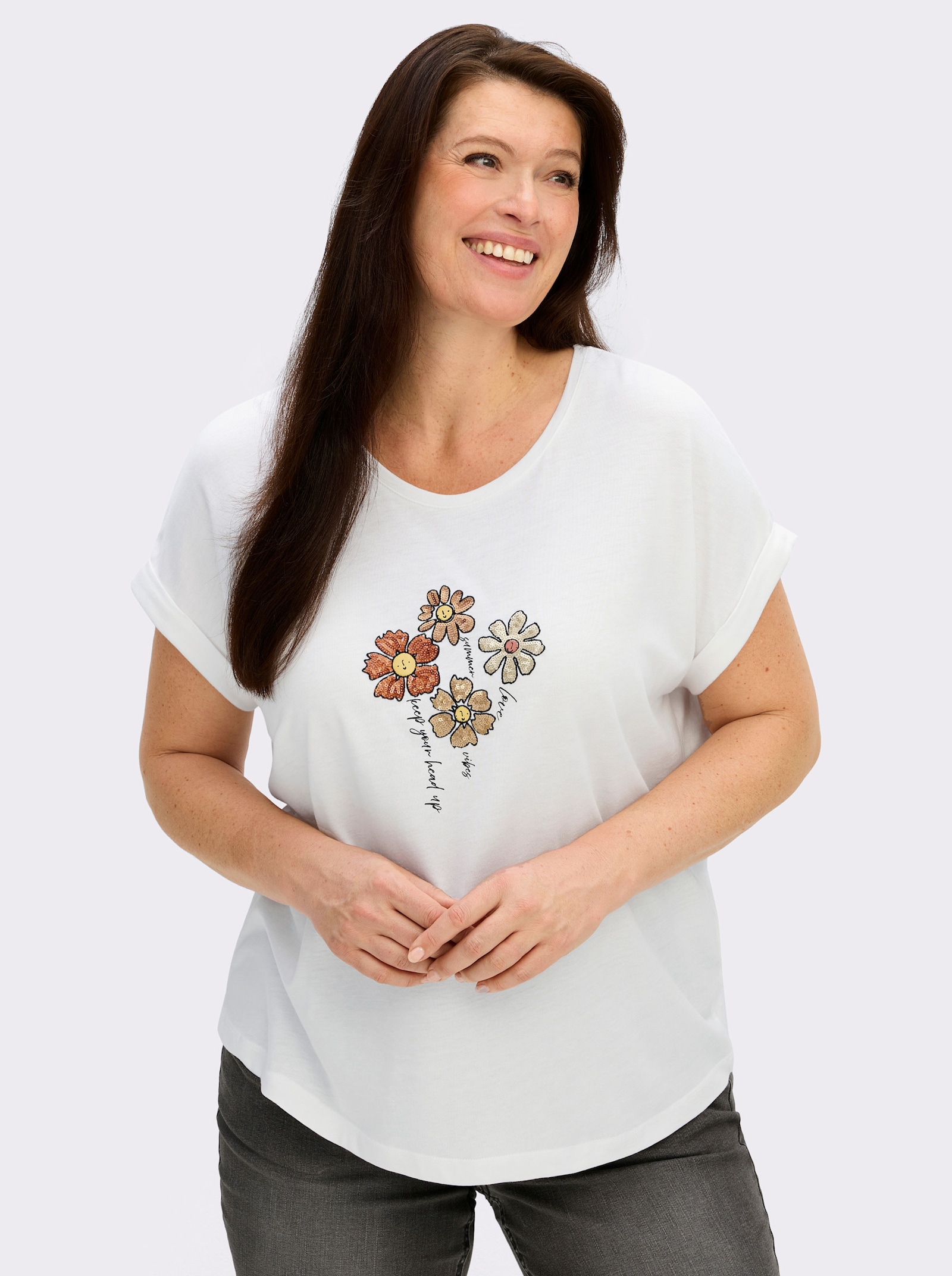 Rundhalsshirt mit Pailletten-Blüten - ecru