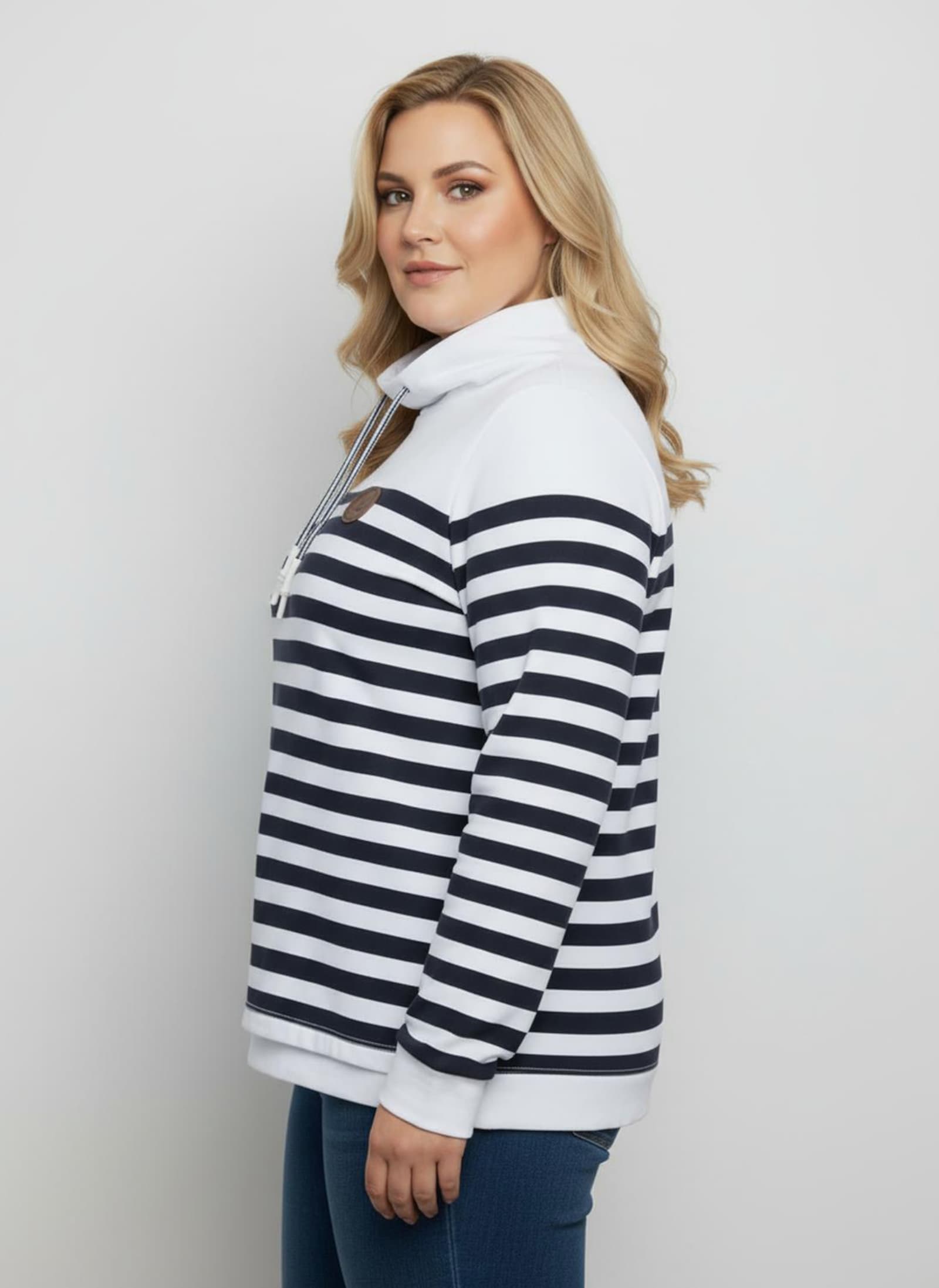 Sweatshirt mit verlängertem Rückteil - weiß-marine-geringelt