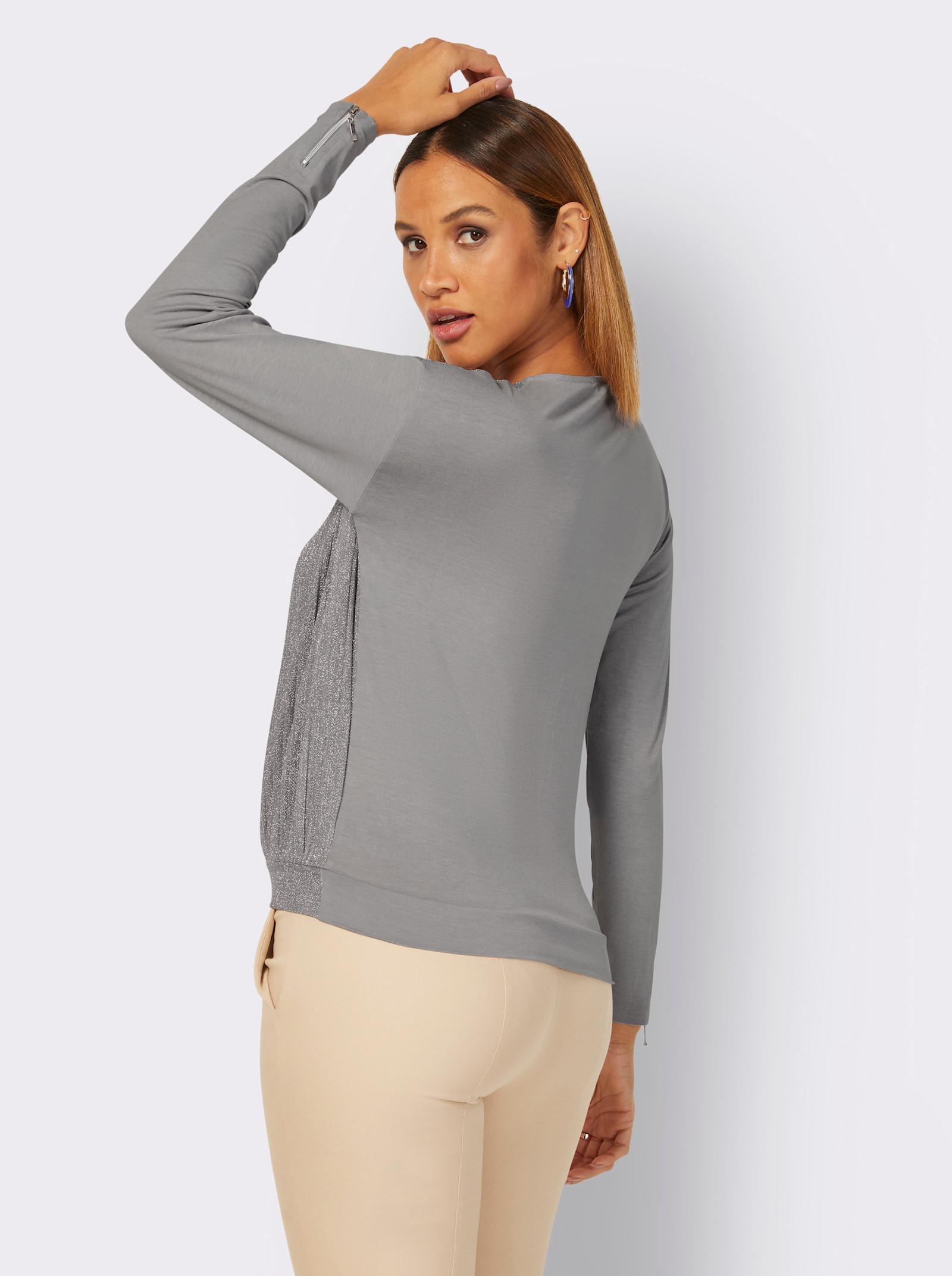 V-Shirt mit Glanzgarnen - steingrau