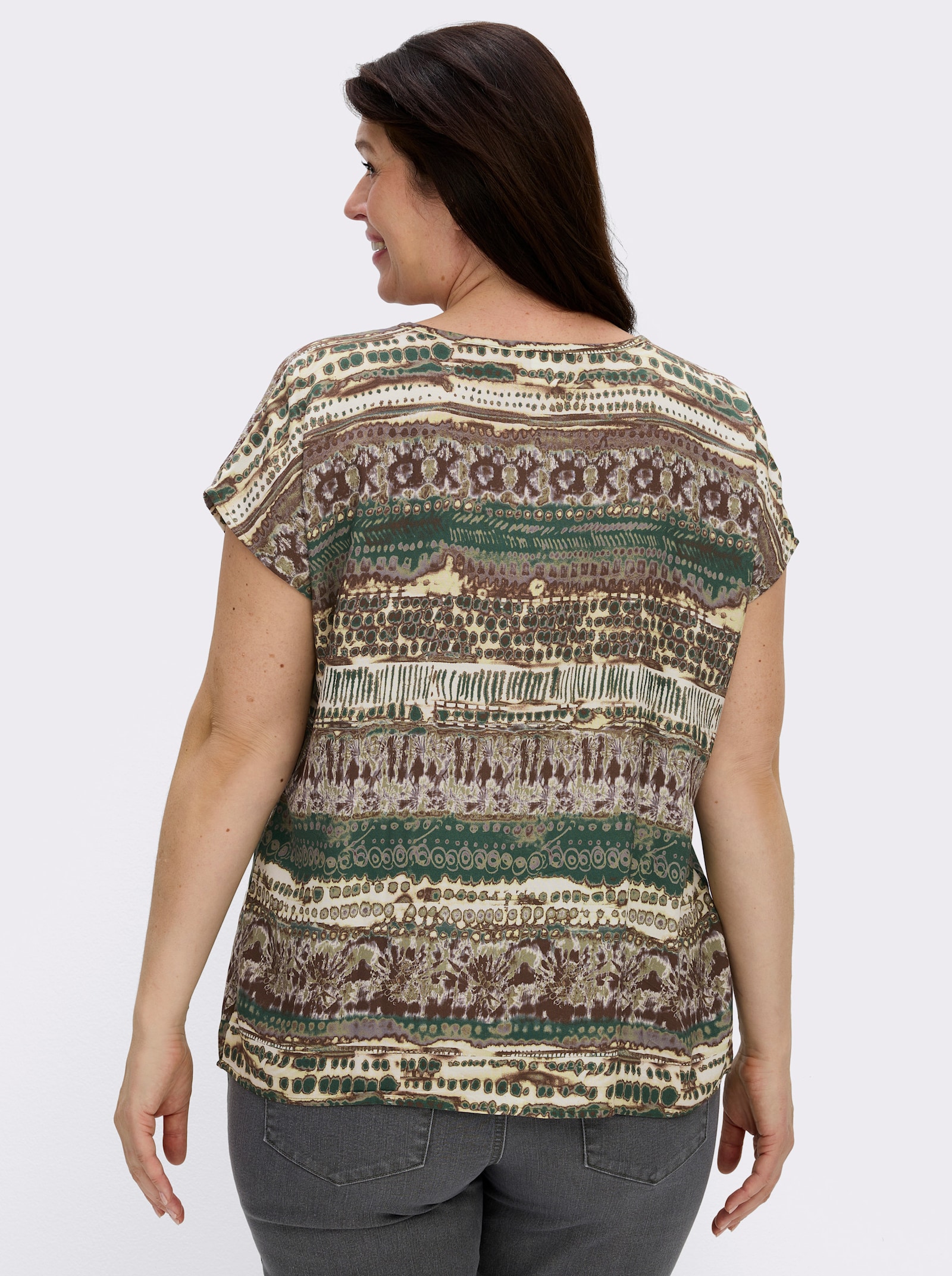 Kurzarmbluse mit schmeichelnder Falte vorne - schilf-schoko-bedruckt