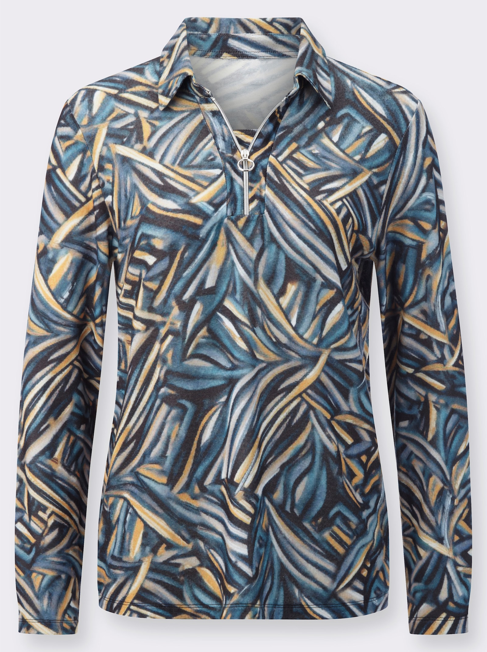 2-in-1-shirt met lange mouwen, onderhoudsarm - petrol/oker bedrukt