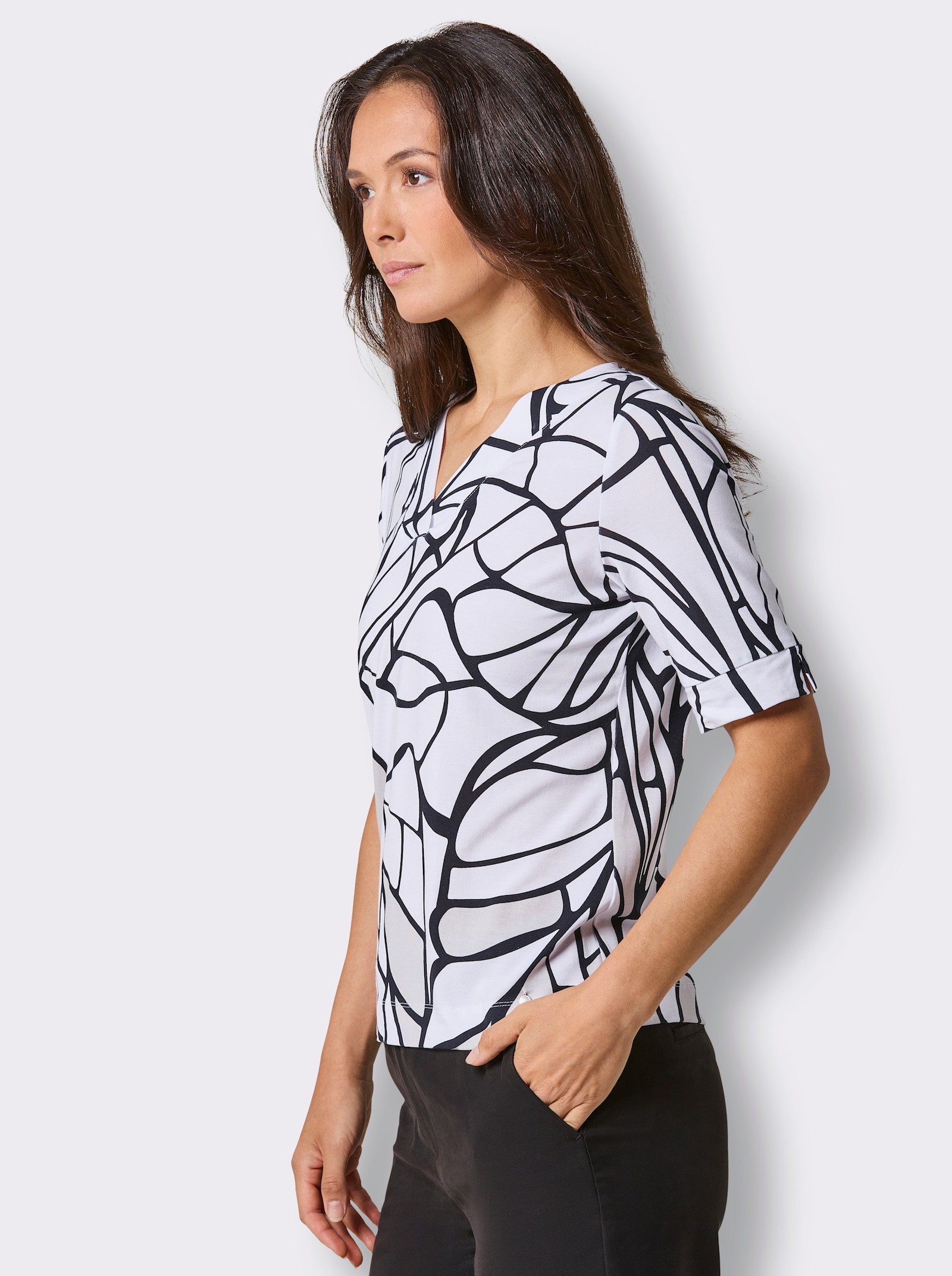 CREATION L PREMIUM V-Shirt mit Schlitz am Ärmel - weiß-schwarz-bedruckt