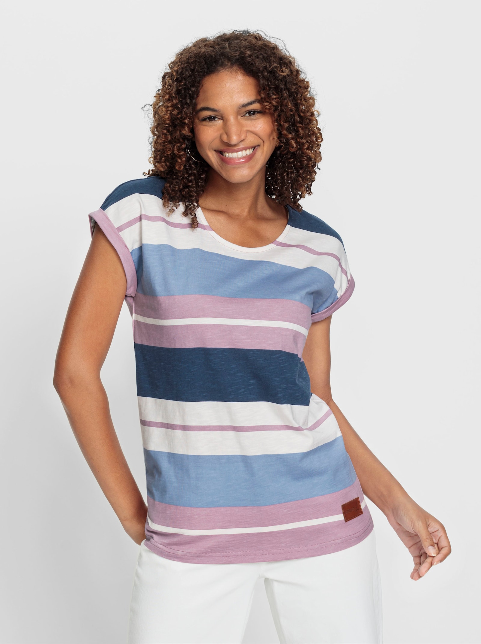 Tričko s potiskem z čisté bavlny - slézová-tmavěmodrá-proužek