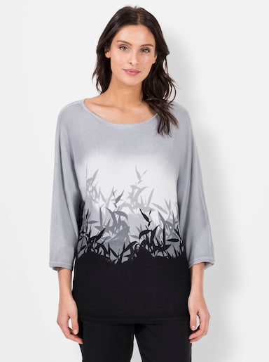 3/4 Arm-Pullover mit Fledermausärmel - schwarz-hellgrau-bedruckt