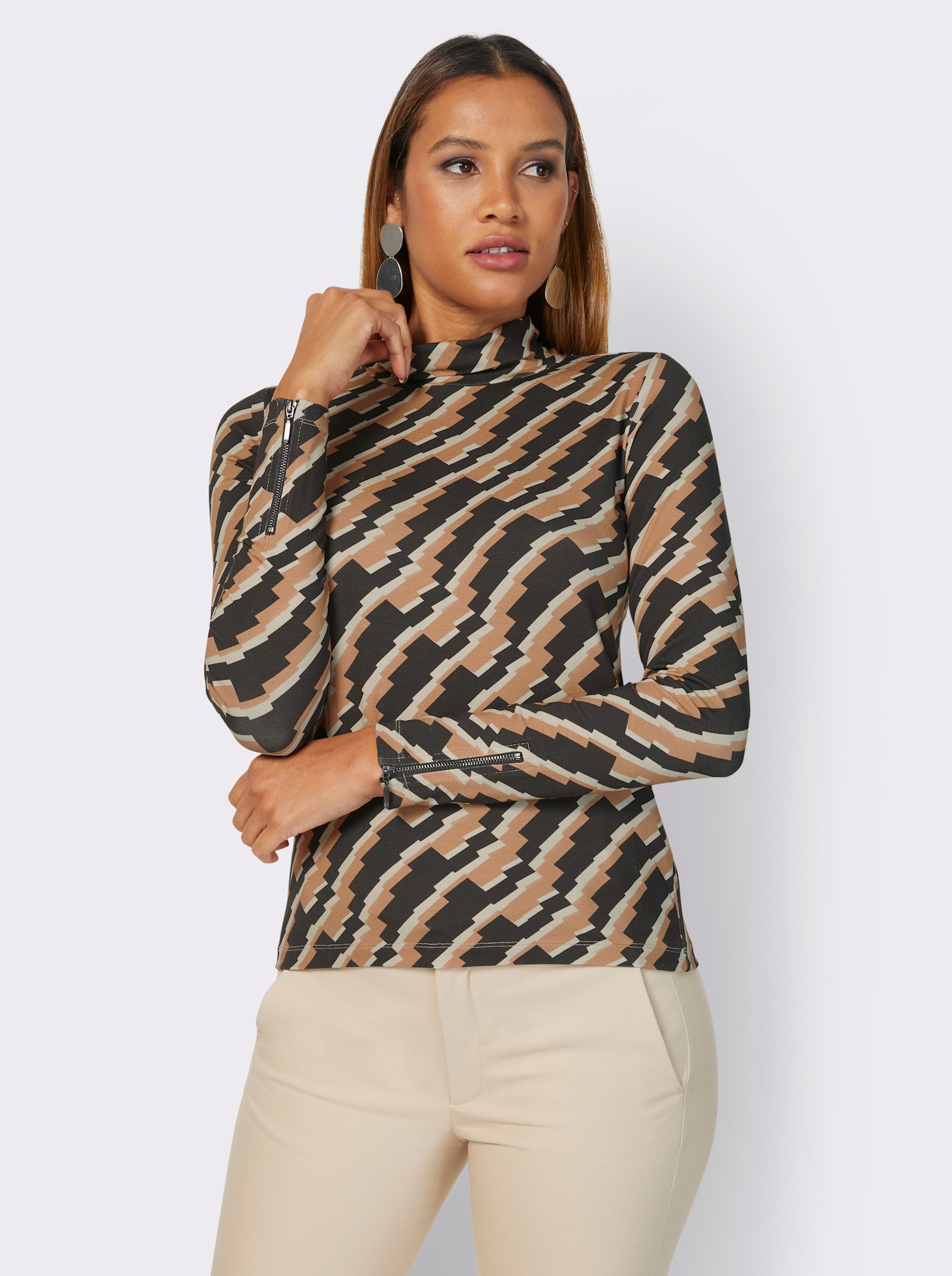 Rollkragenshirt mit Zipper am Ärmel - graphit-camel-gemustert