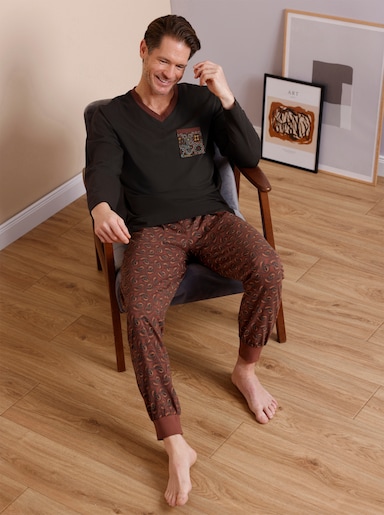 wäschepur men Schlafanzug aus Bio-Baumwolle - graphit-rotbraun-bedruckt