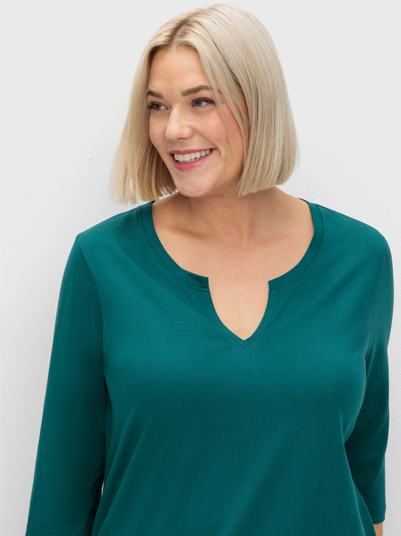 sheego 3/4-Arm-Shirt mit geschlitztem Ausschnitt - petrol