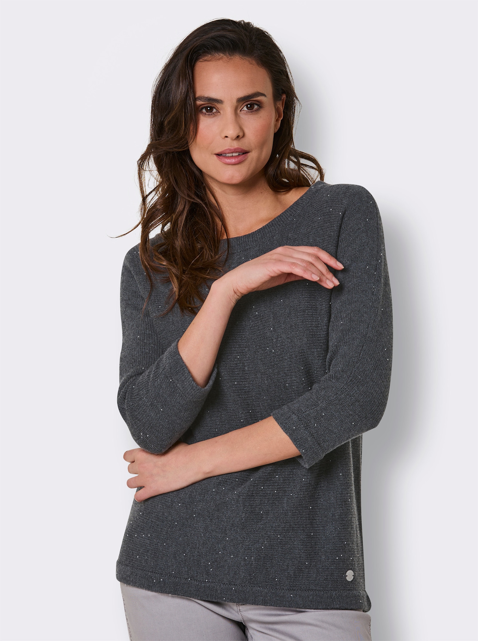 CREATION L PREMIUM Langarm-Pullover mit 10% Kaschmir und Zierperlen - anthrazit