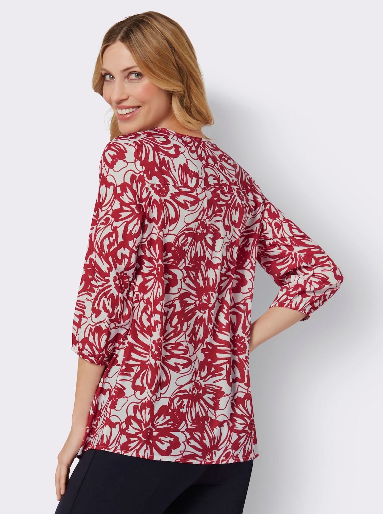 Comfortabele blouse - ecru/rood bedrukt