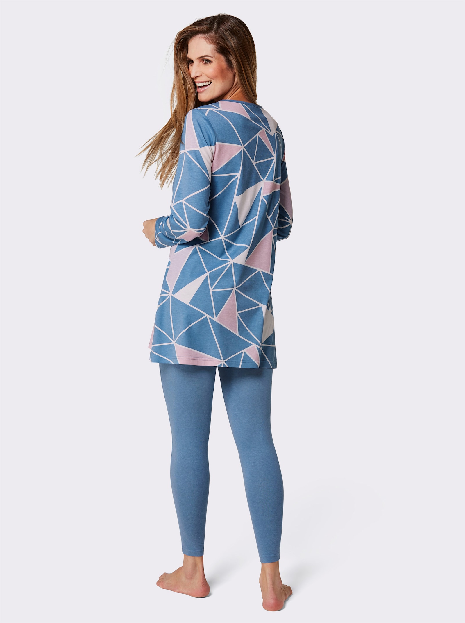 wäschepur Schlafanzug mit Tunika-Oberteil - mittelblau-rosé-bedruckt