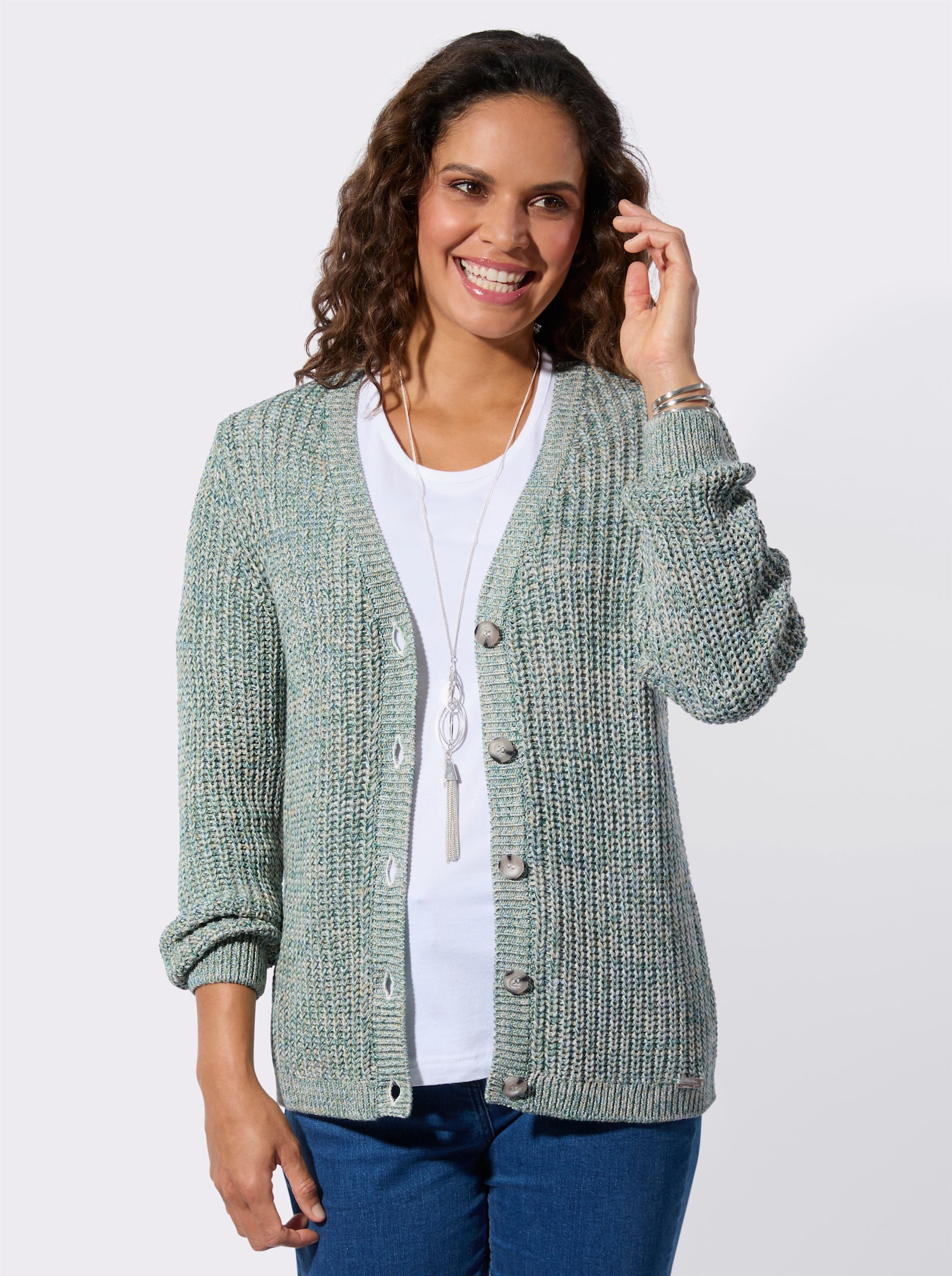 Strickjacke mit elastischen Ripp-Bündchen - lindgrün-bleu-meliert