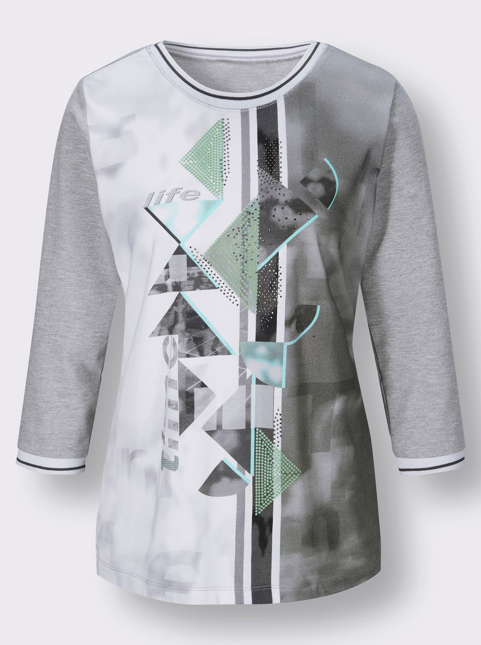 3/4-Arm-Shirt mit Web-Qualität an Ärmeln und Rücken - steingrau-weiß-bedruckt