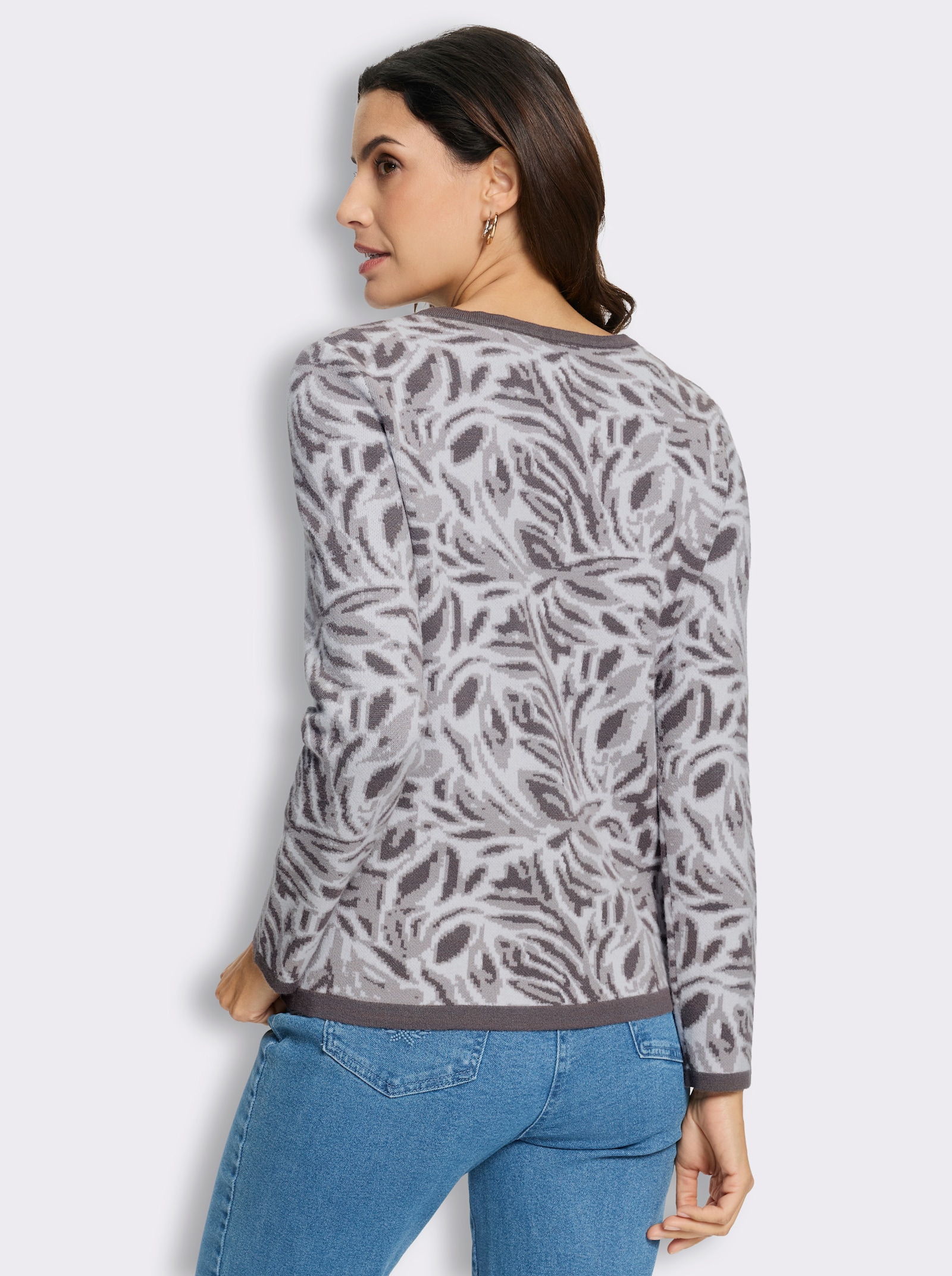 Jacquard-Pullover mit floralem Muster - anthrazit-ecru-gemustert