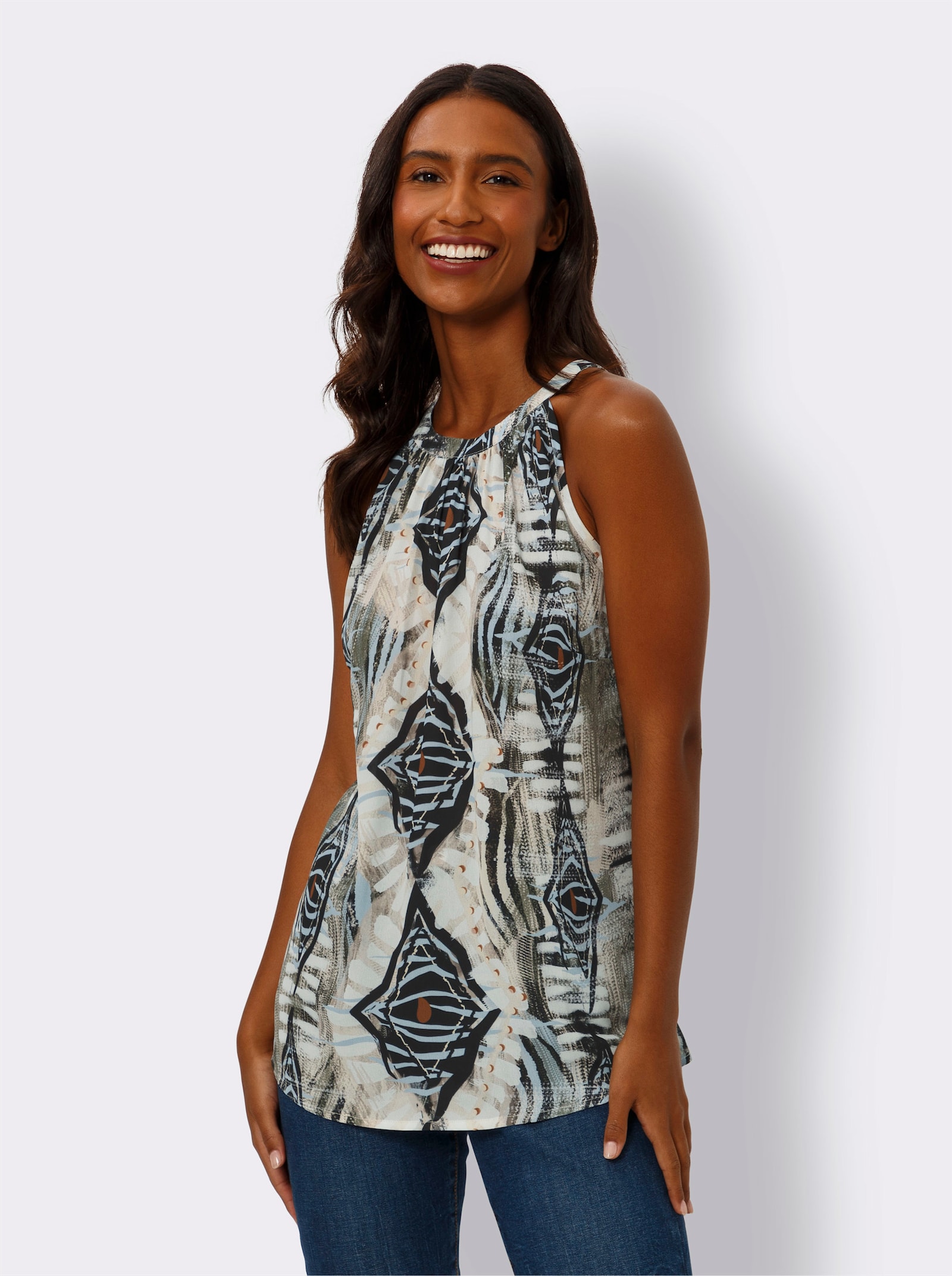 heine Druckbluse mit Knopfverschluss hinten, bedruckt - sand-hellblau-bedruckt