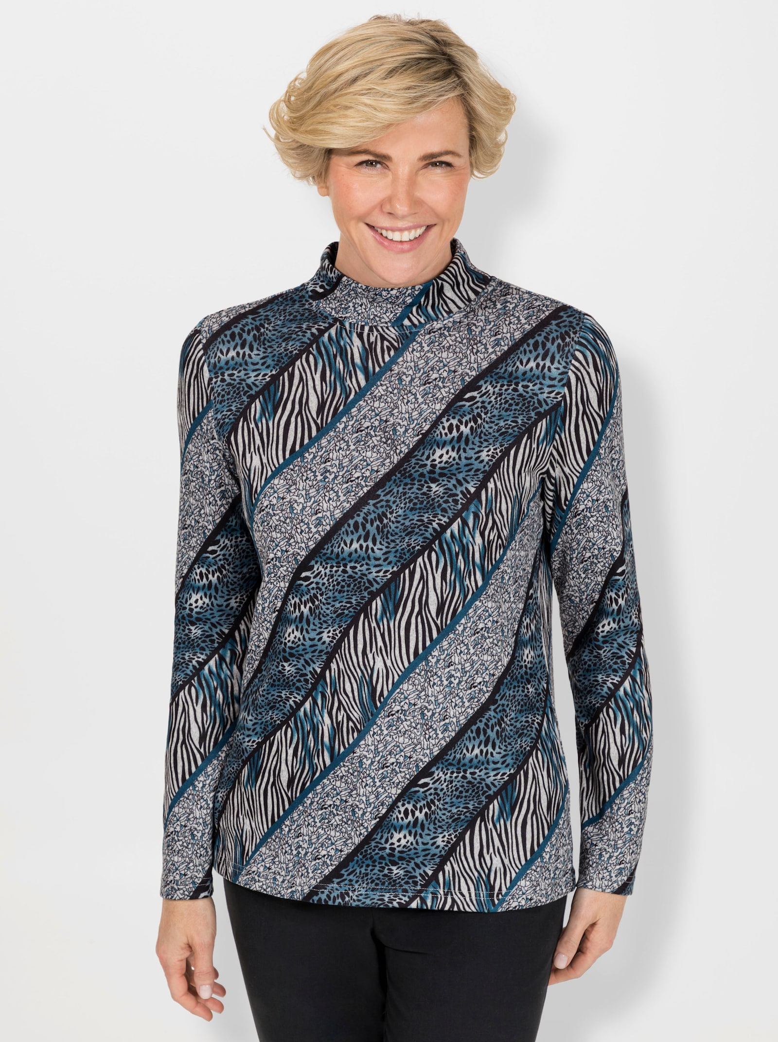 Langarmshirt mit Stehkragen - aquapetrol-schwarz-bedruckt