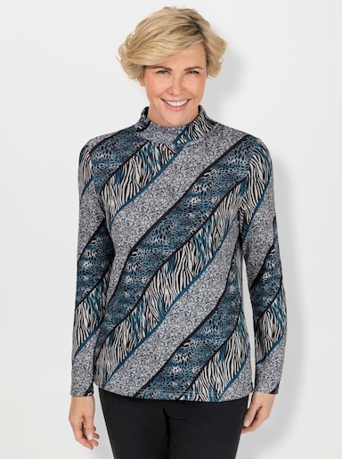 Langarmshirt mit Stehkragen - aquapetrol-schwarz-bedruckt