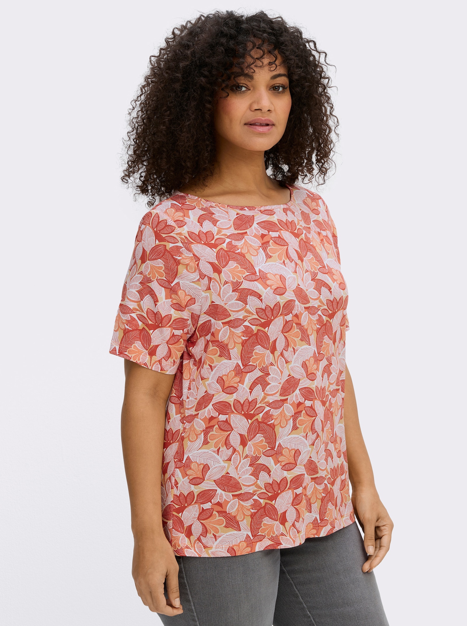 Print-Shirt mit paspeliertem U-Boot-Ausschnitt - papaya-apricot-bedruckt