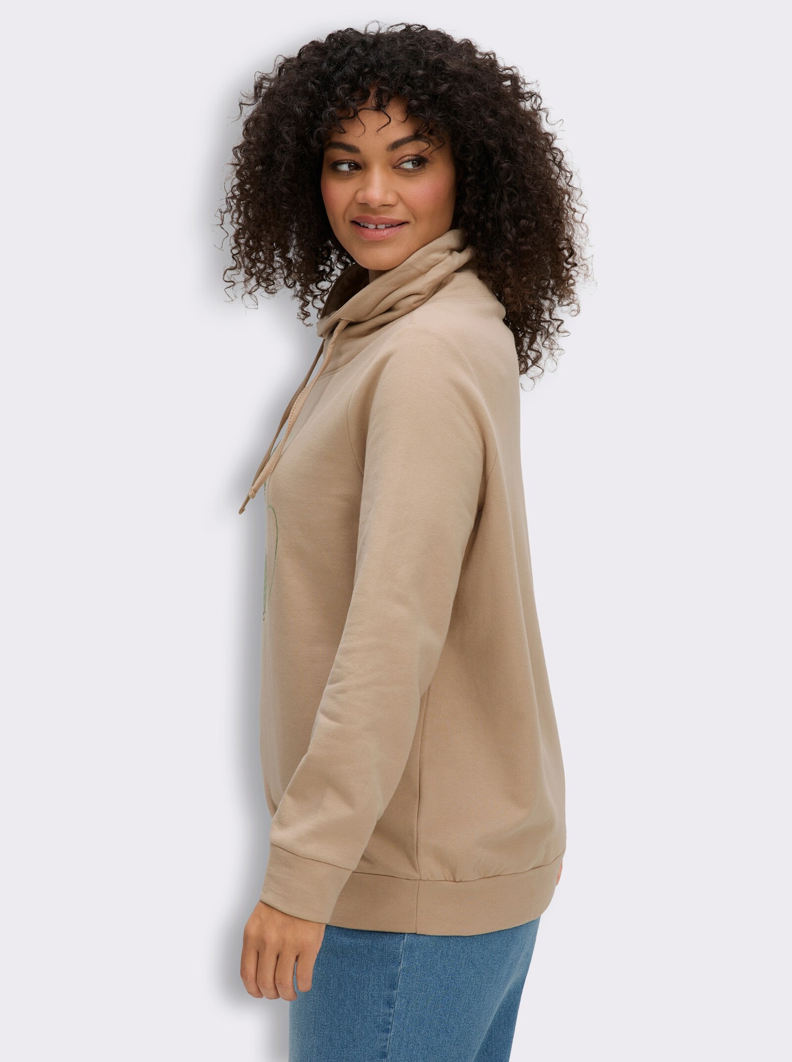 Sweatshirt mit überlappendem Rollkragen - beige-eucalyptus-bedruckt