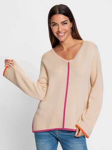 heine V-Ausschnitt-Pullover mit Streifen - elfenbein-fuchsia