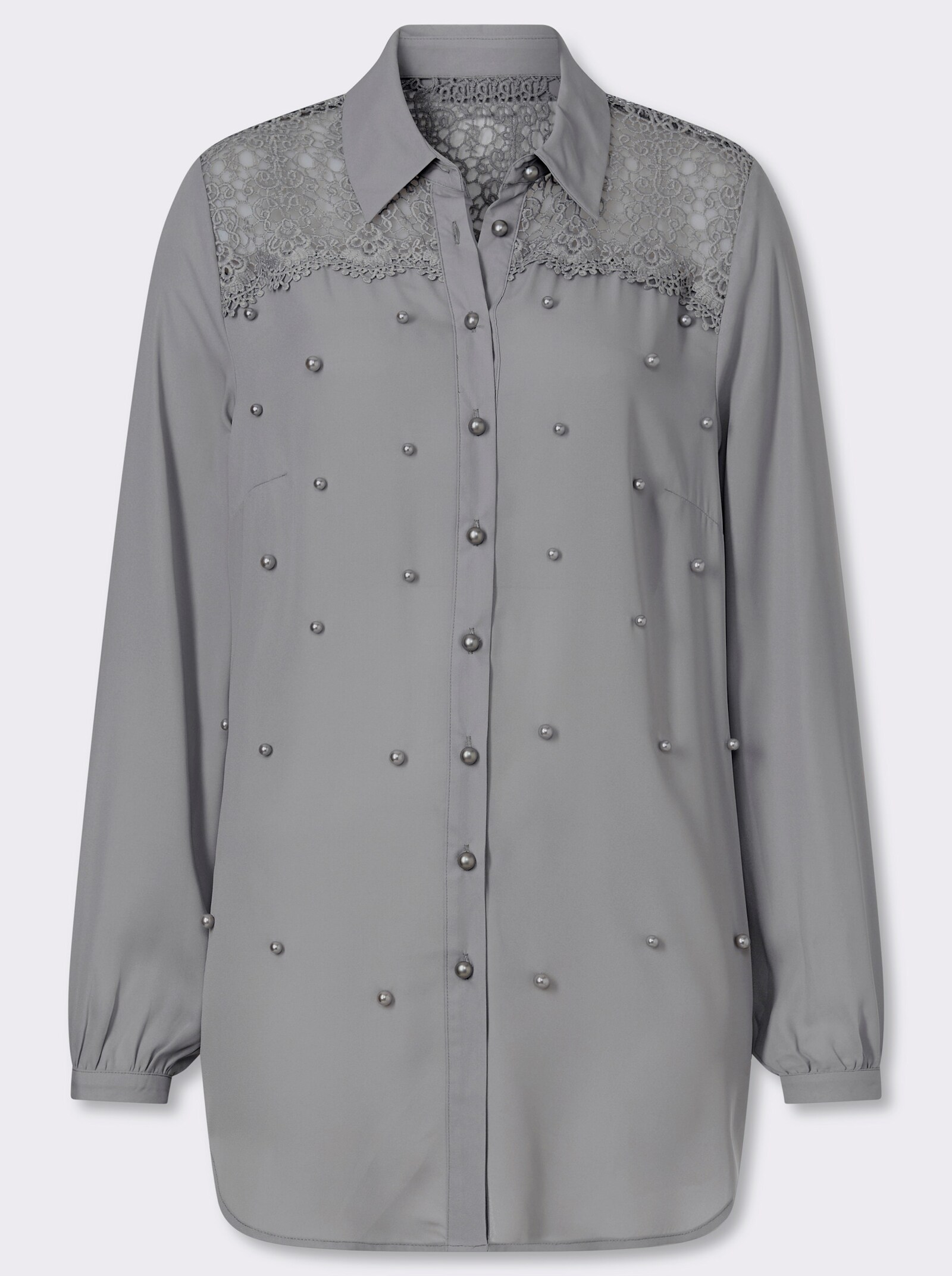 Longbluse mit Spitze und Zierperlen - steingrau