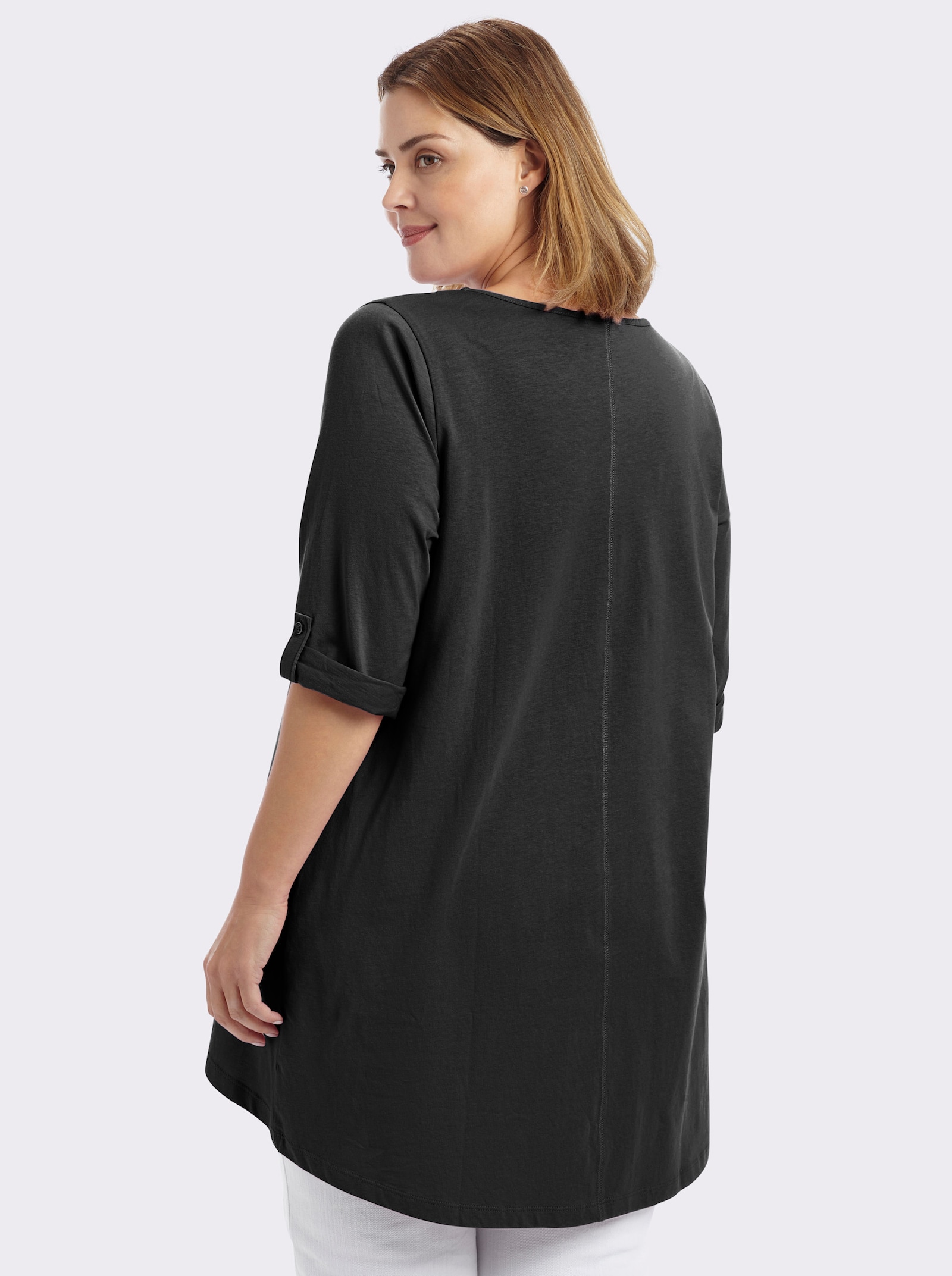 sheego Lang shirt in camouflerende A-lijn - zwart