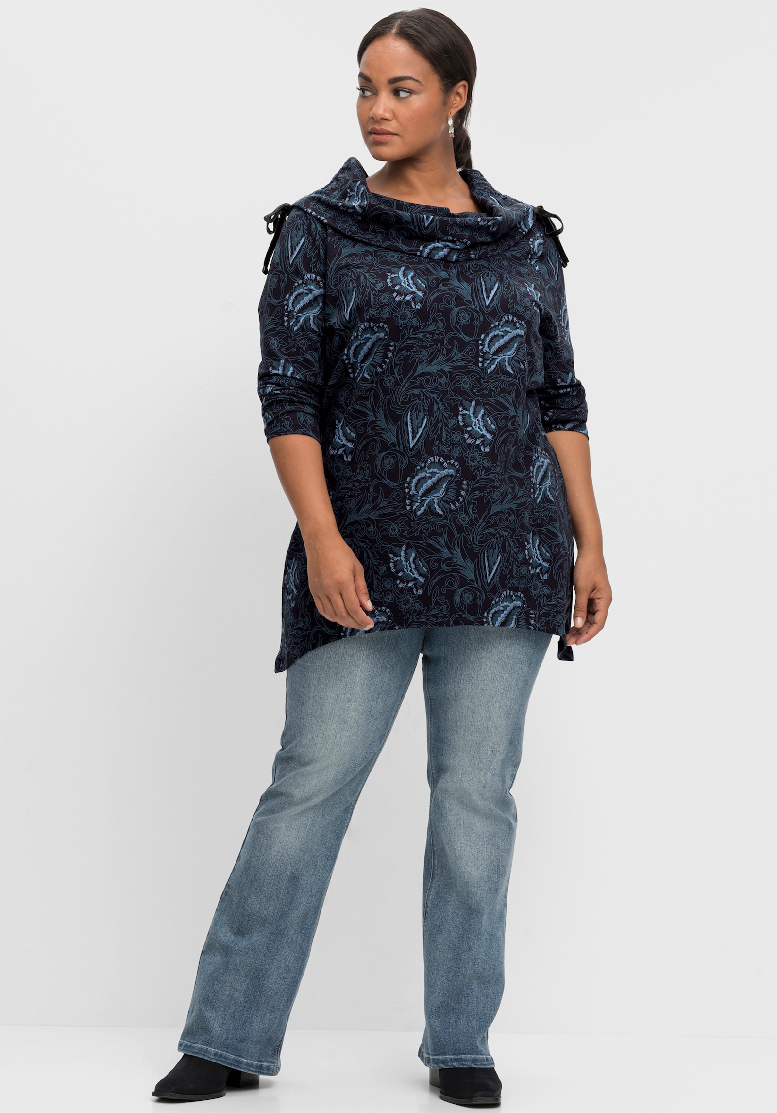 sheego by Joe Browns Sweatshirt mit weitem Schalkragen - schwarz-bedruckt