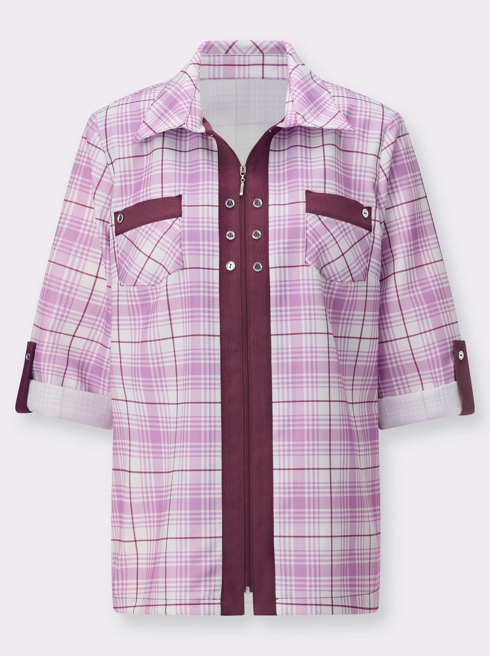 Blusenjacke mit kontrastfarbigen Blenden - orchidee-burgund-kariert