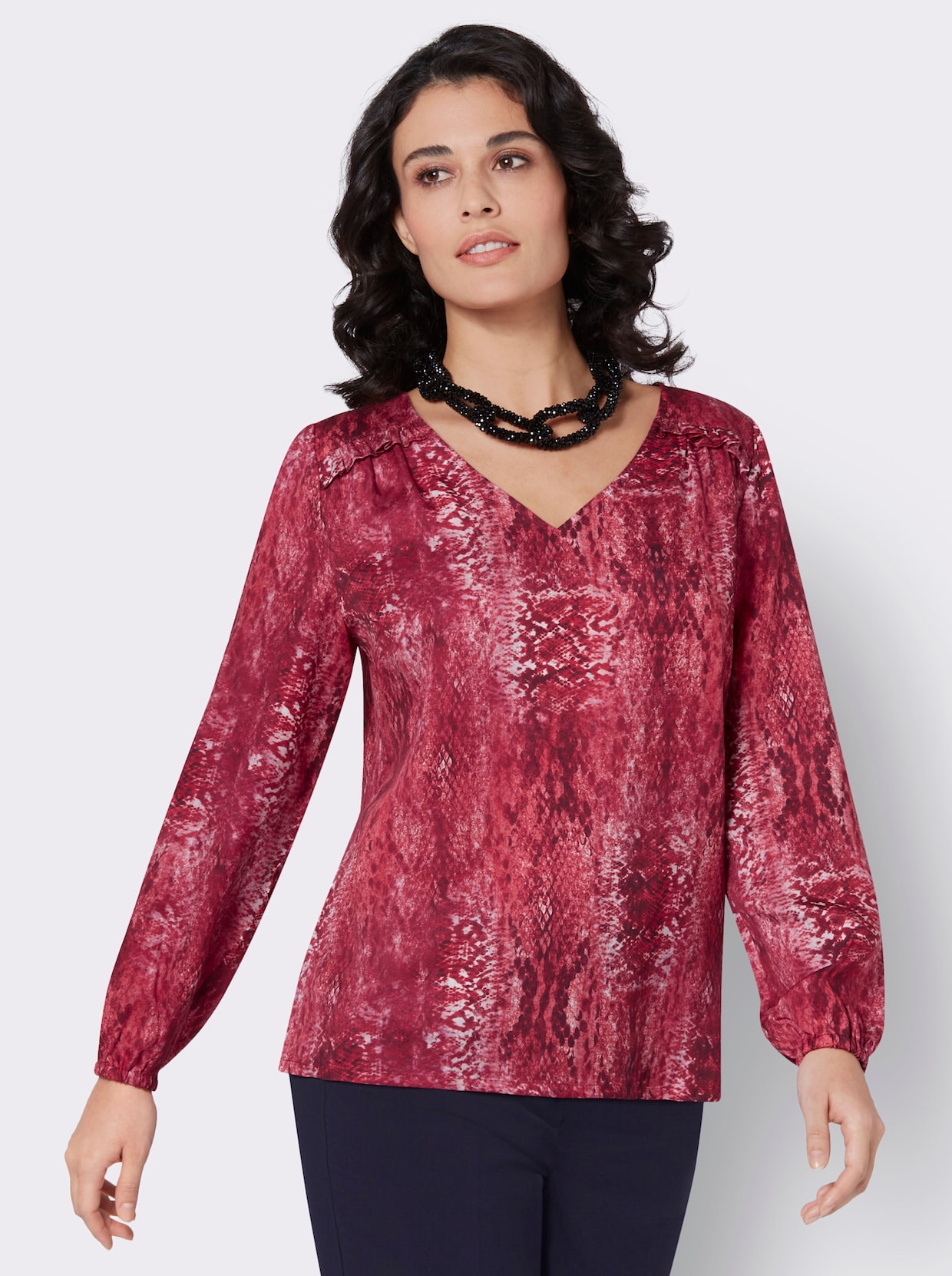 Satijnen blouse - ecru/donkerrood bedrukt