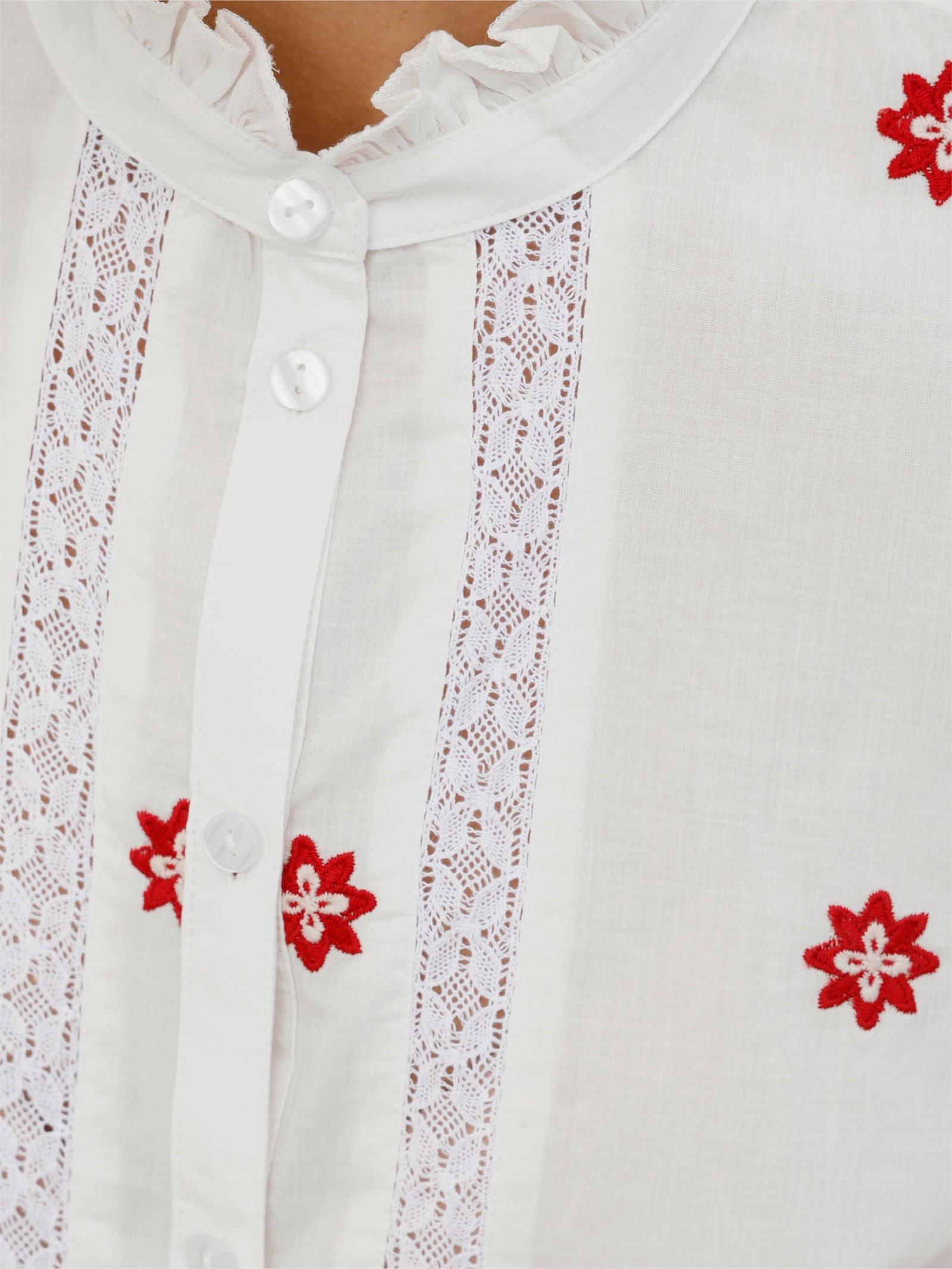 Spitzenbluse - ecru-dunkelrot-gemustert