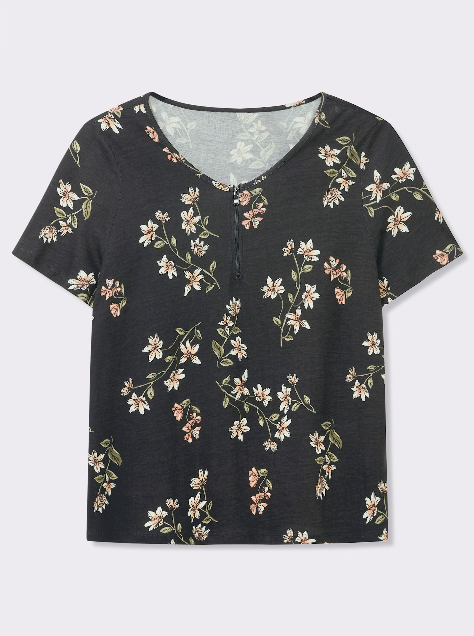 Kurzarmshirt mit Reißverschluss am Ausschnitt - schwarz-ecru-bedruckt