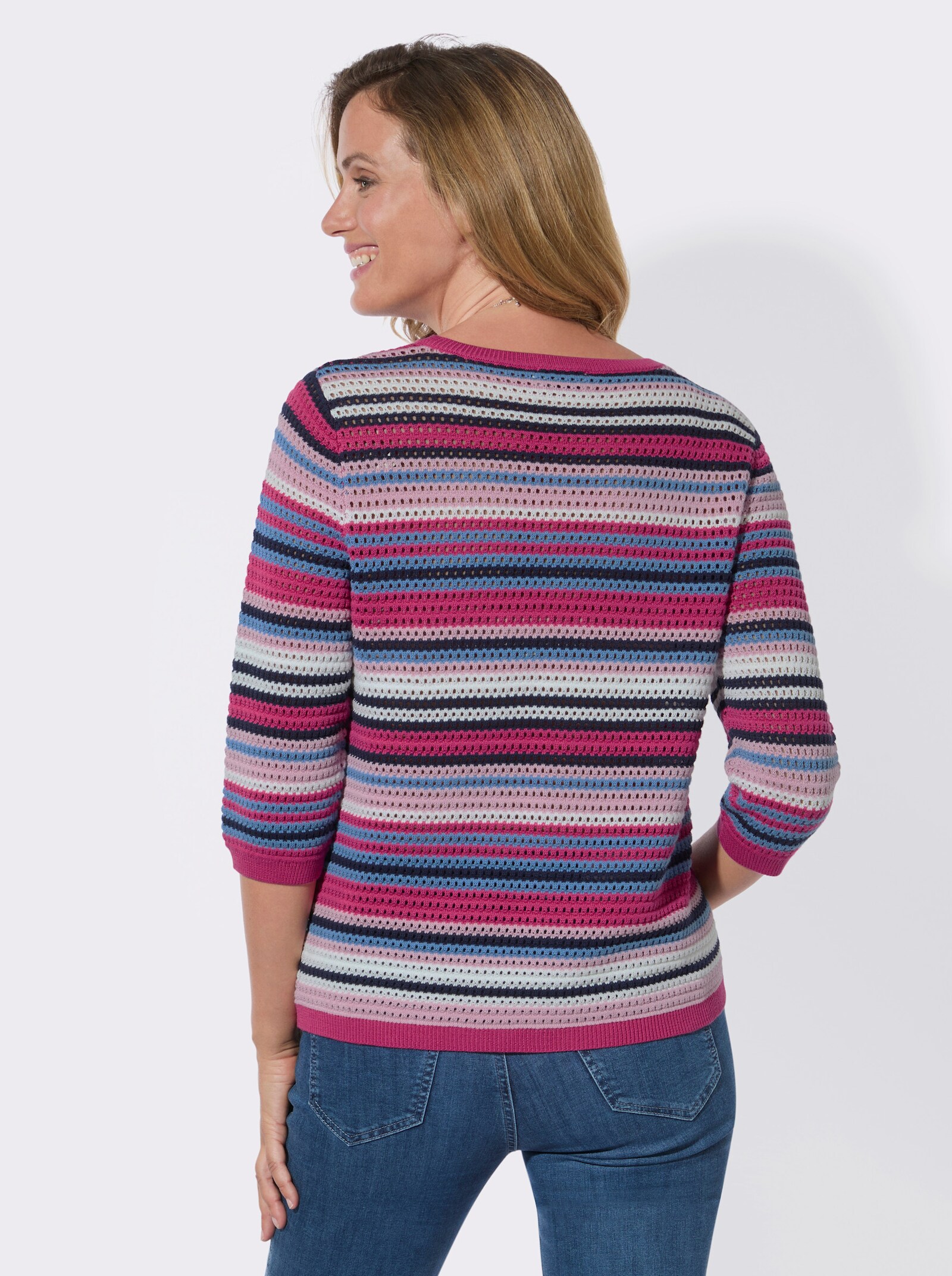 Rundhalspullover in Ajourstrick - fuchsia-ecru-geringelt