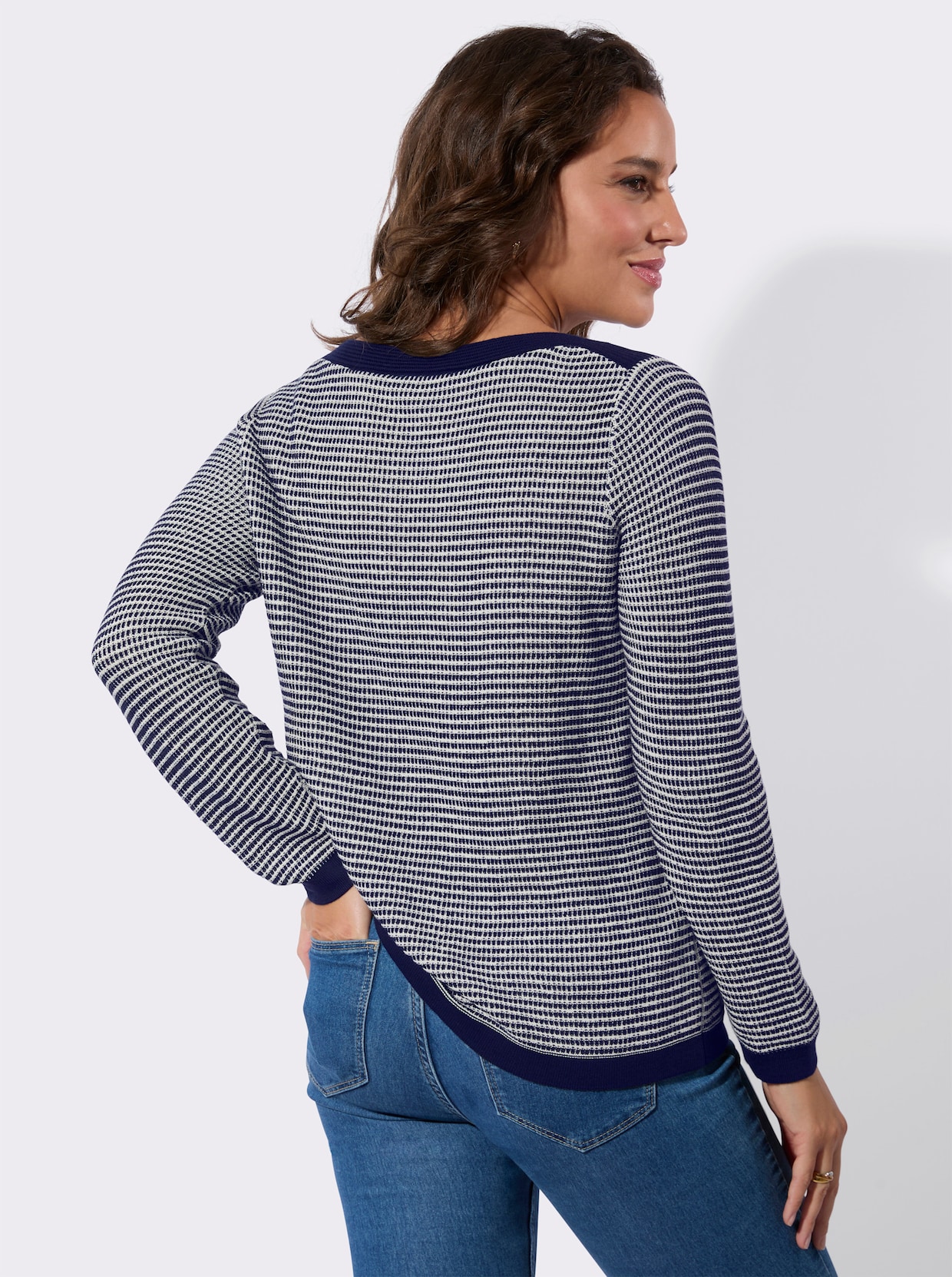 Langarm-Pullover - marine-ecru-gemustert