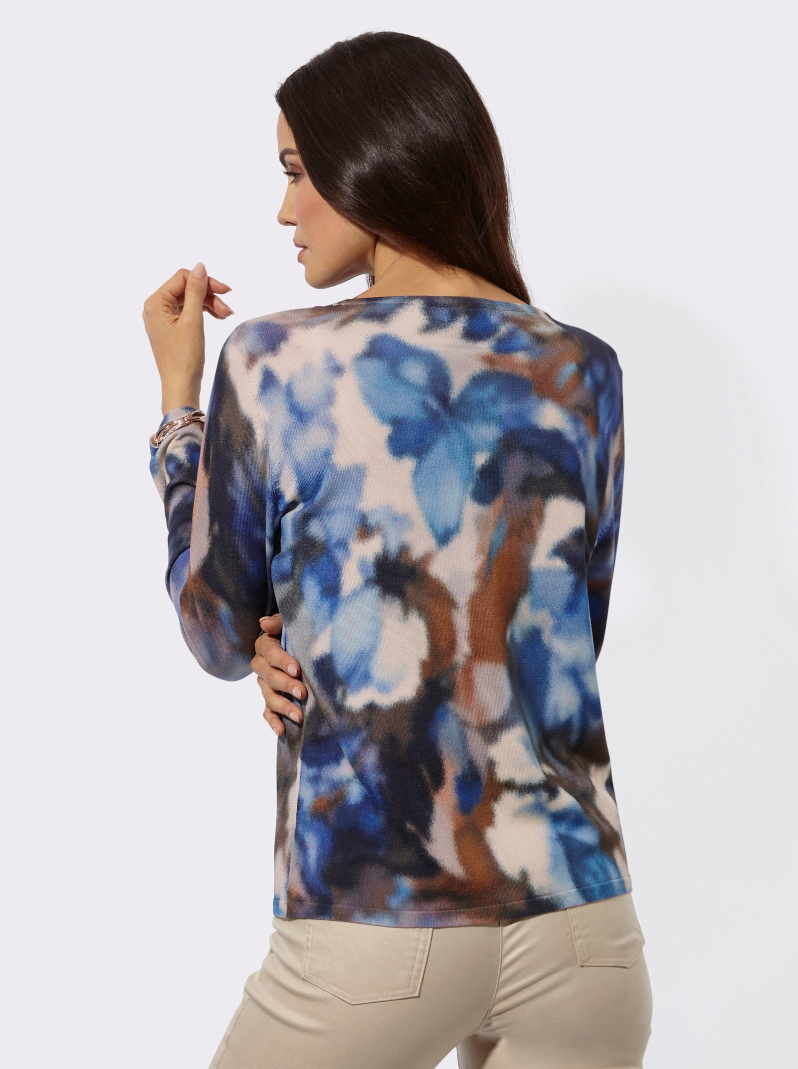 Langarm-Pullover im farbharmonischen Blumenmuster - champagner-marine-bedruckt