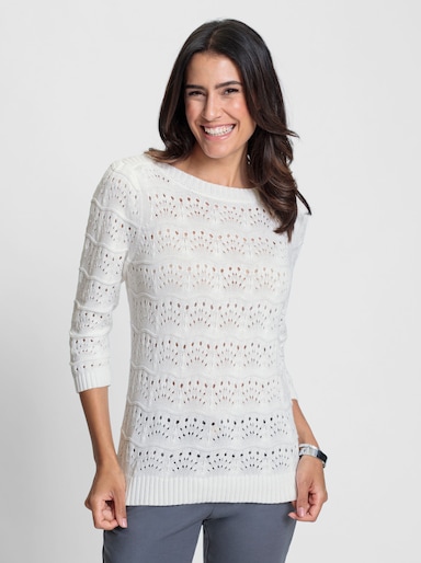 Ajourpullover mit U-Boot-Ausschnitt - weiß