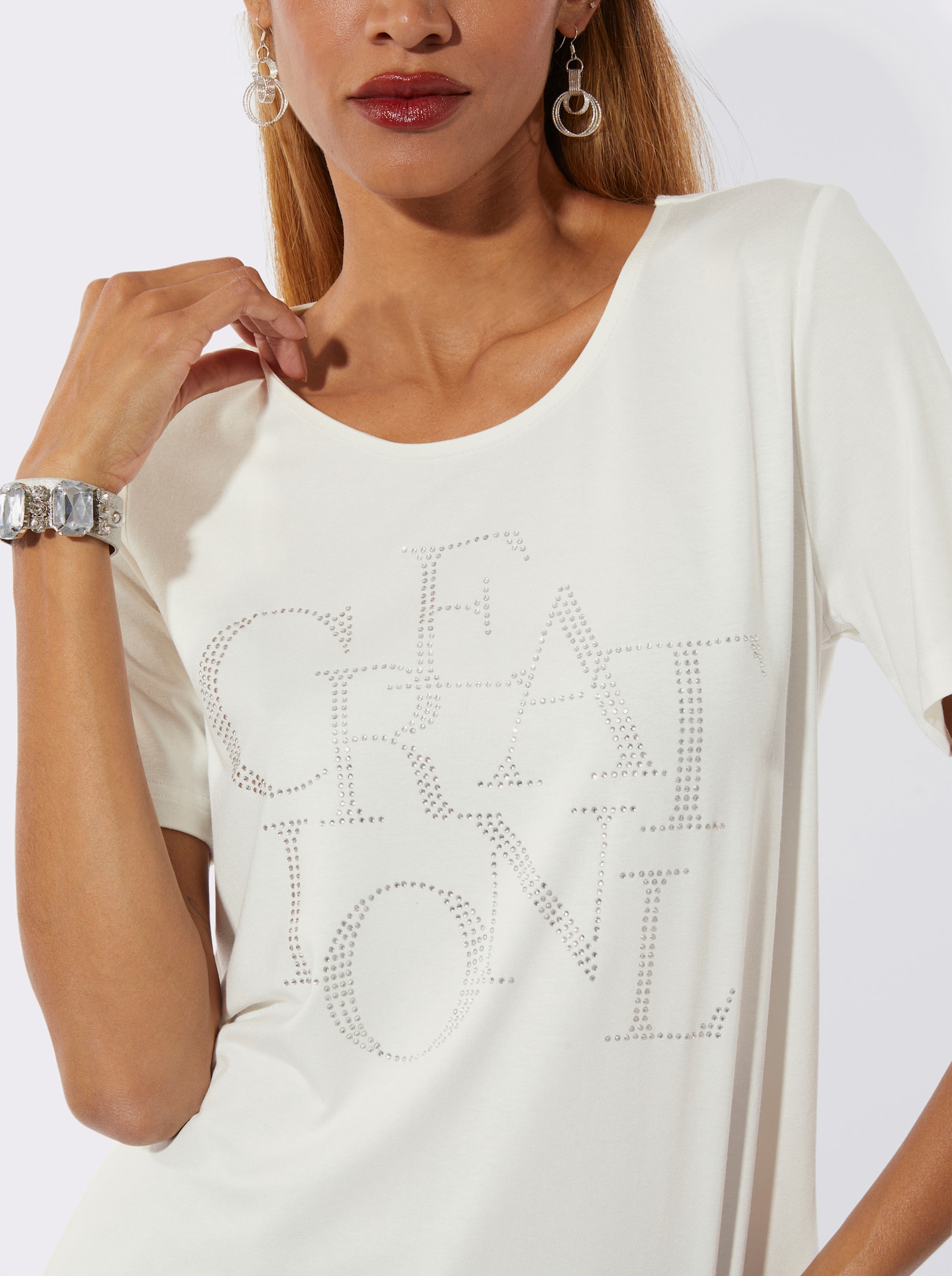Kurzarmshirt mit Schriftzug aus Glitzersteinchen - ecru