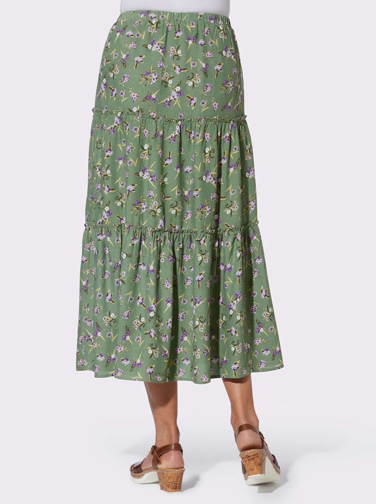 Stupňovitá sukně - eukalyptová-lila-potisk