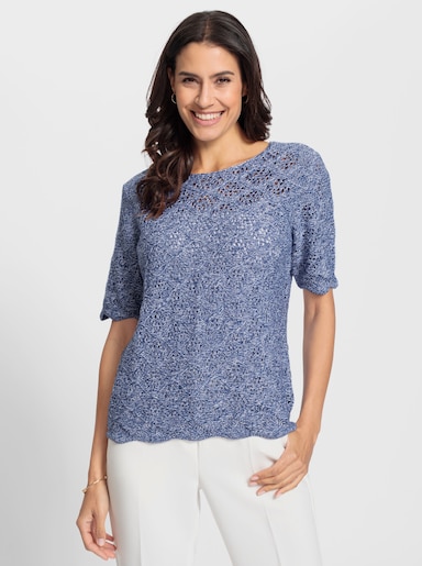 Ajourpullover mit gebogten Abschlüssen - jeansblau-weiß-meliert